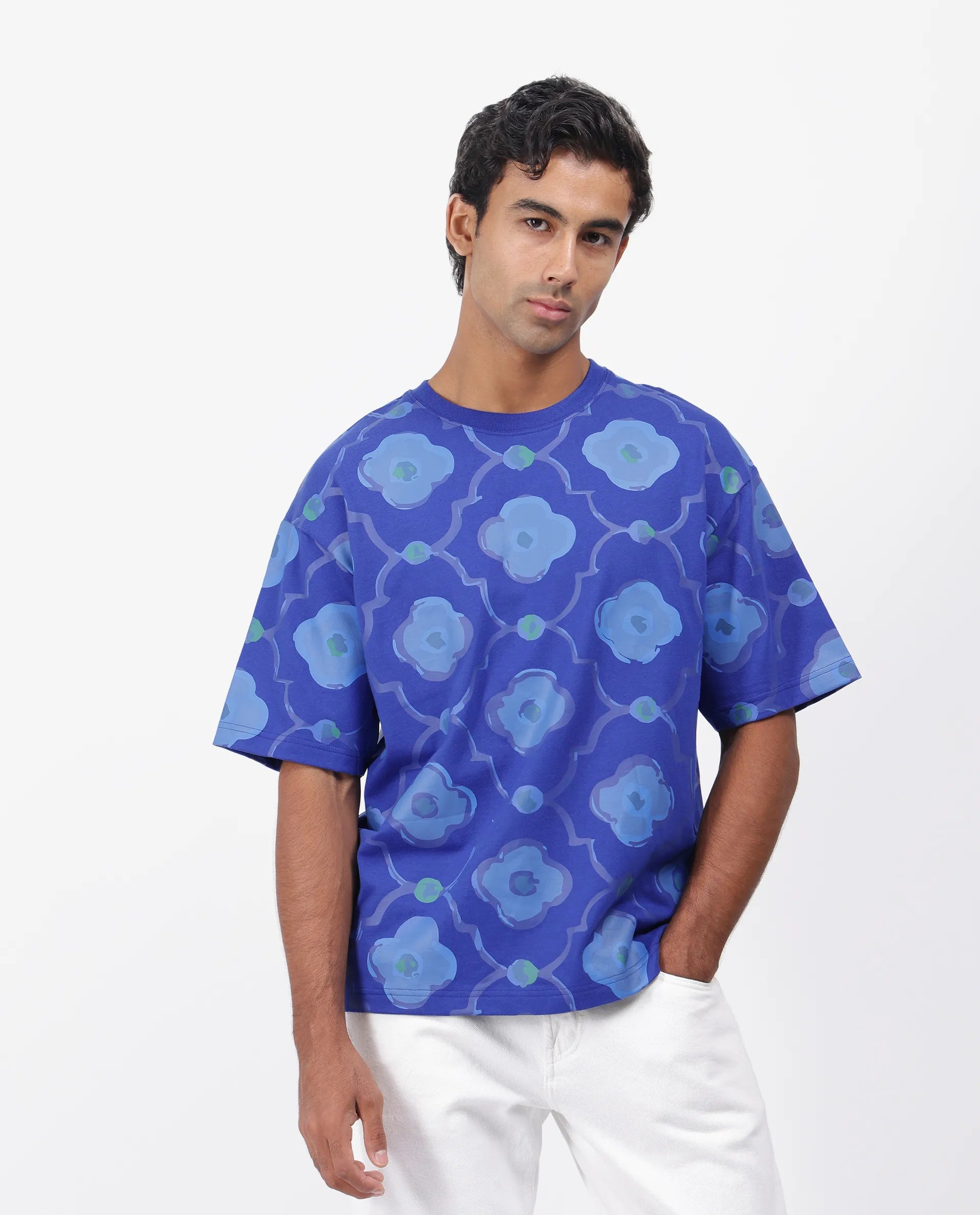 Rare Rabbit Men's Evino Flouroscent Blue Cotton Graphic Print Oversized Fit Half Sleeve Crew Neck T-Shirt