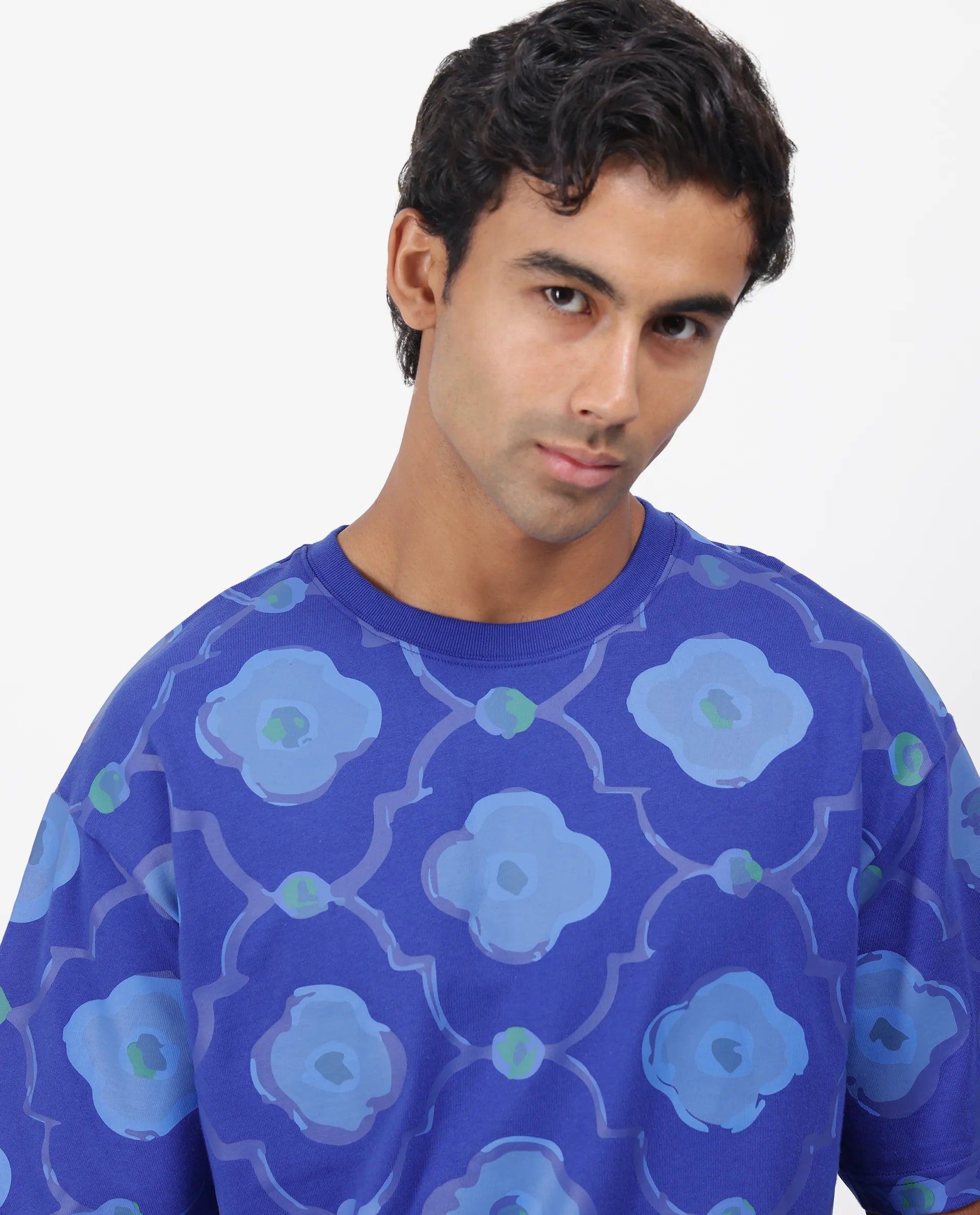 Rare Rabbit Men's Evino Flouroscent Blue Cotton Graphic Print Oversized Fit Half Sleeve Crew Neck T-Shirt