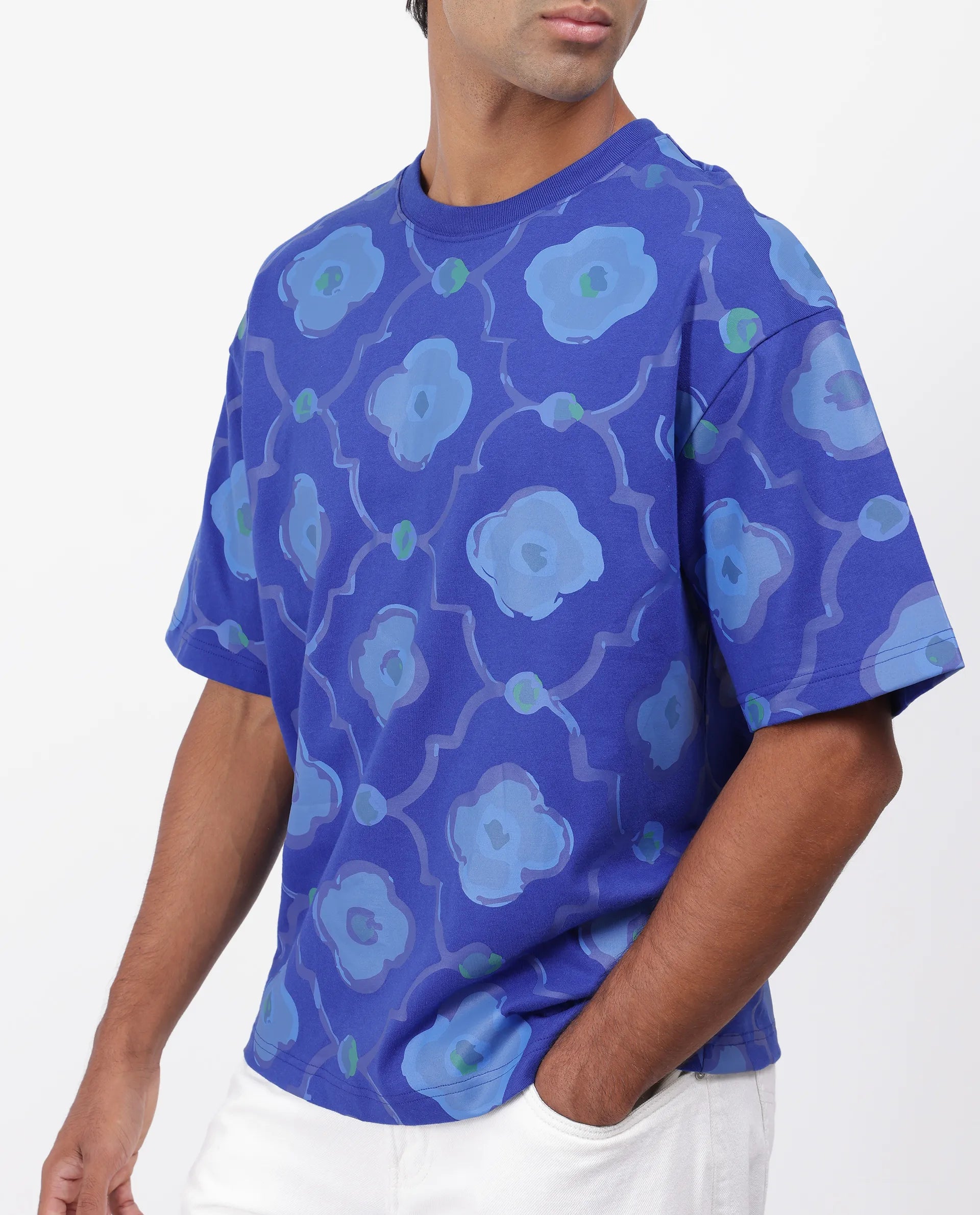 Rare Rabbit Men's Evino Flouroscent Blue Cotton Graphic Print Oversized Fit Half Sleeve Crew Neck T-Shirt