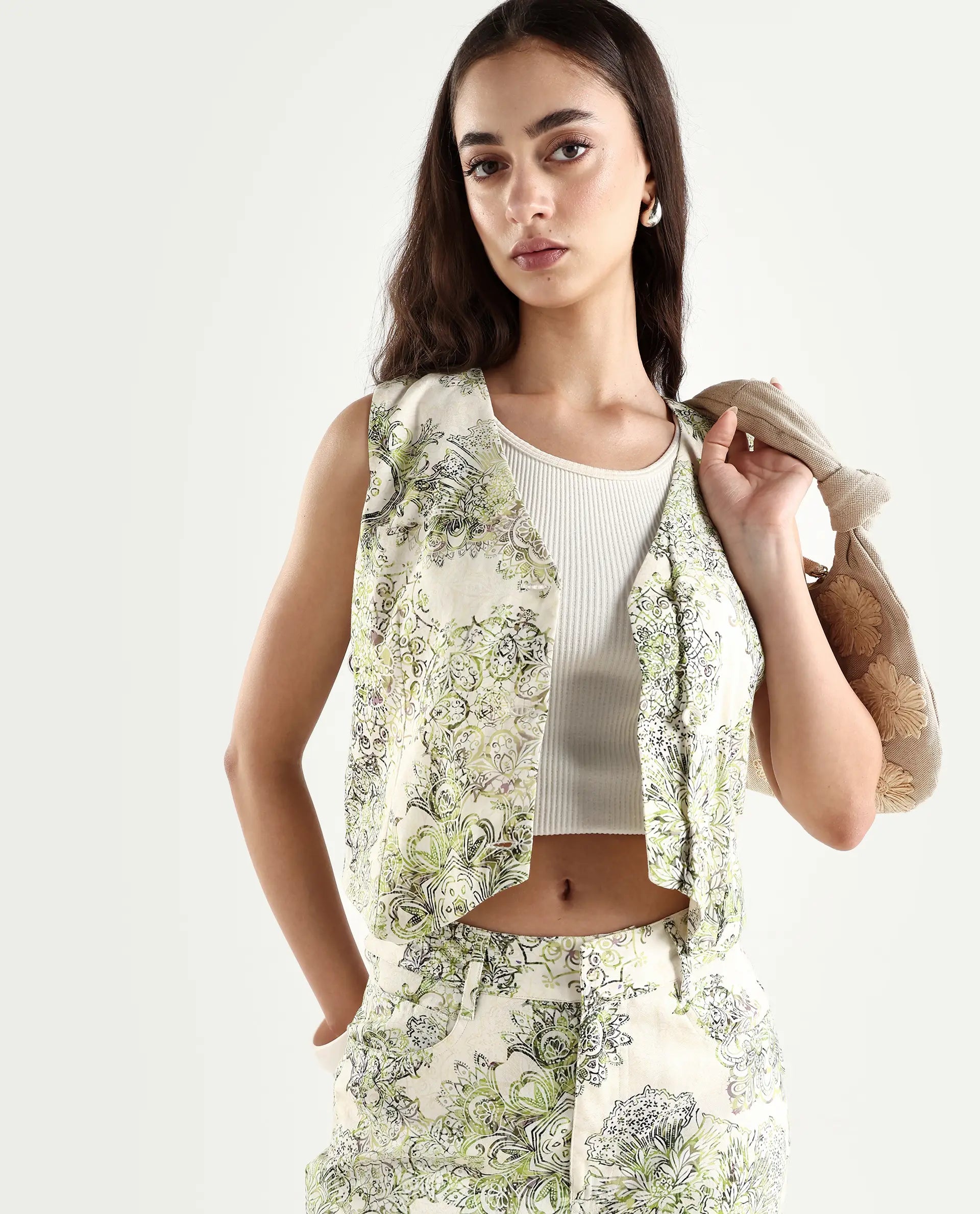 Rareism Women's Ronoz T Light Green Cotton V-Neck Abstract Print Sleeveless Crop Regular Fit Waist Coat