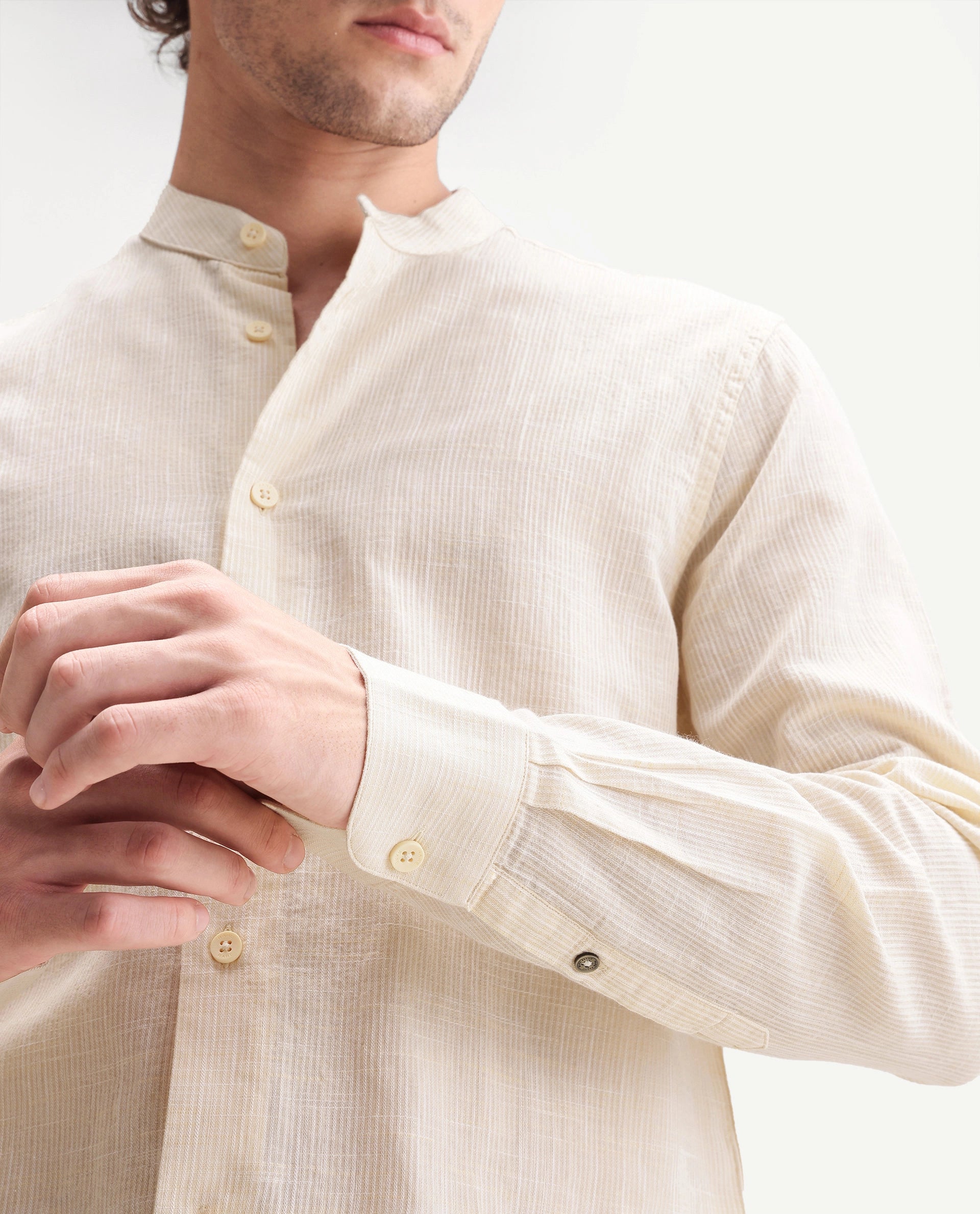Rare Rabbit Men's Gic Light Yellow Cotton Plain Regular Fit Full Sleeve Mandarin Collar Shirt