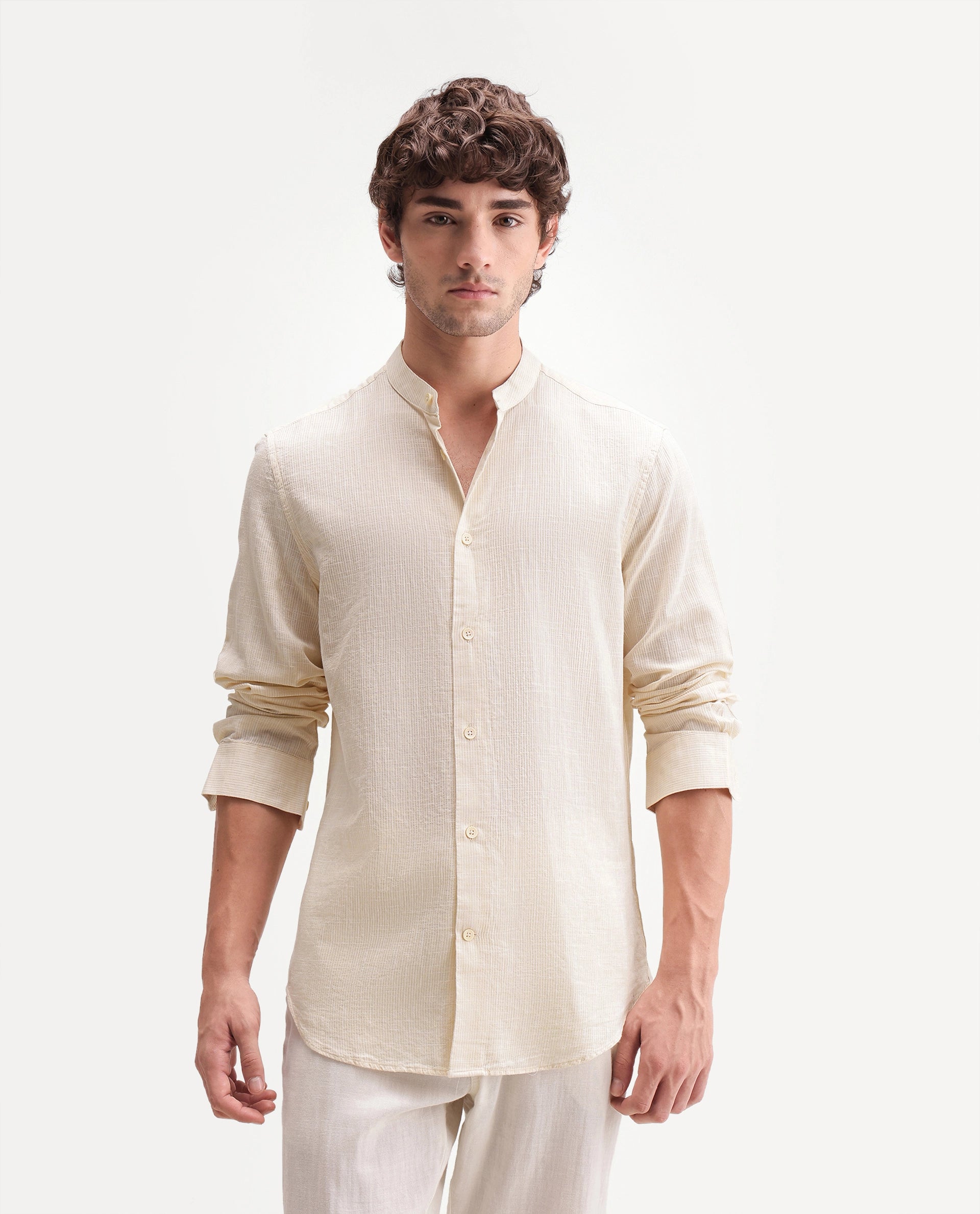 Rare Rabbit Men's Gic Light Yellow Cotton Plain Regular Fit Full Sleeve Mandarin Collar Shirt