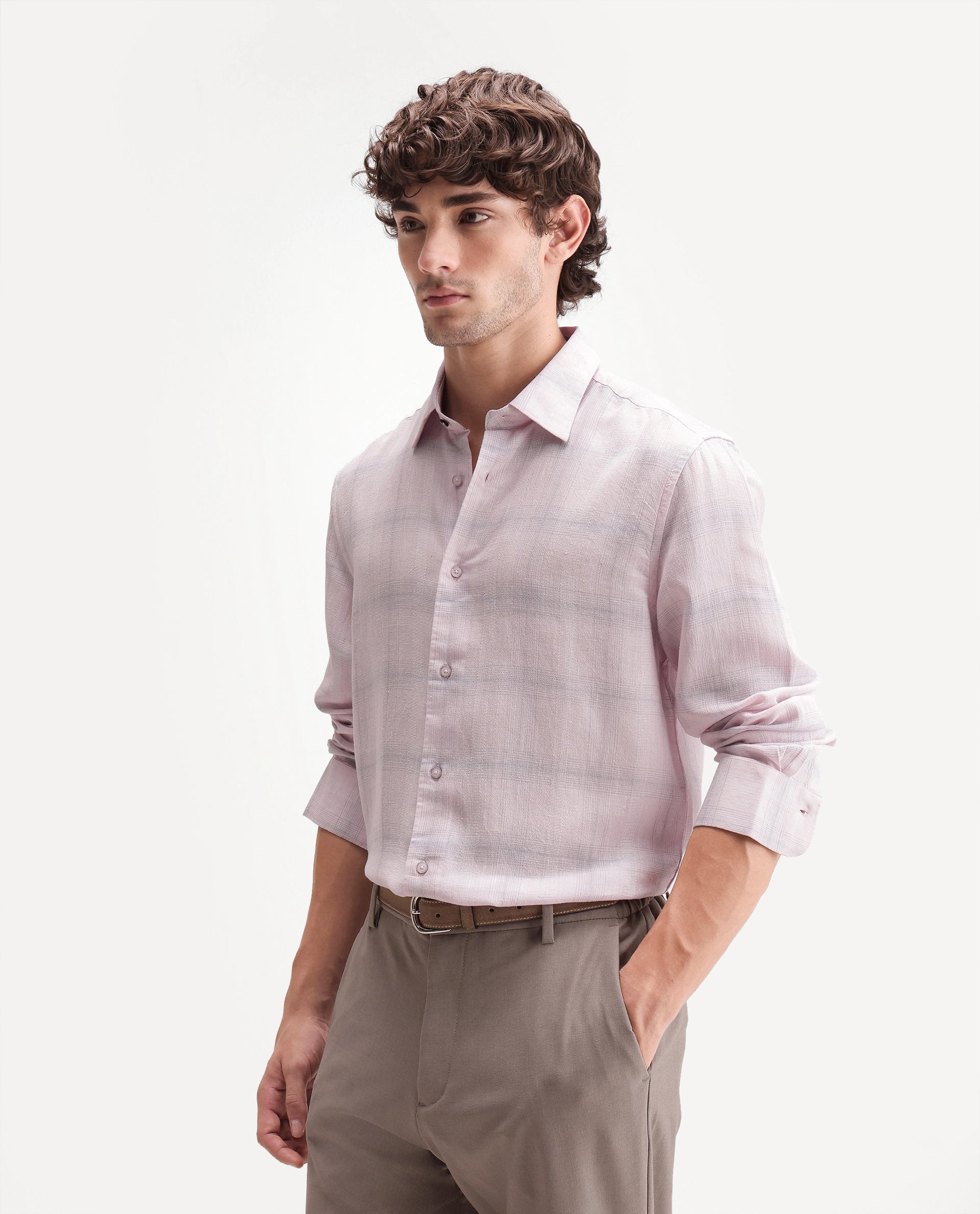 Rare Rabbit Men's Eamon Light Pink Linen Blend Checked Print Regular Fit Full Sleeve Collared Shirt