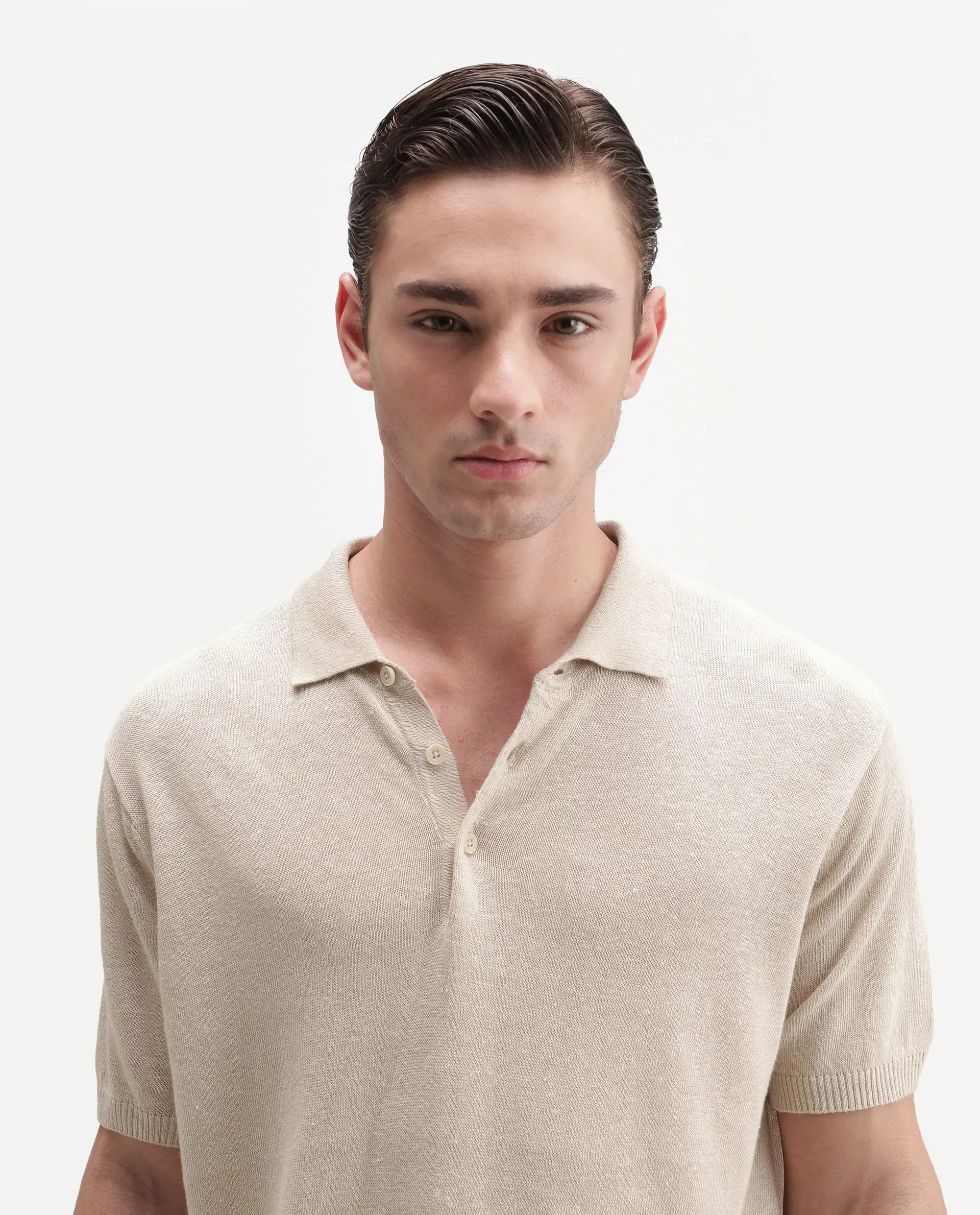 Rare Rabbit Men's Mekko-25 Beige Cotton Blend Plain Regular Fit Half Sleeve Polo