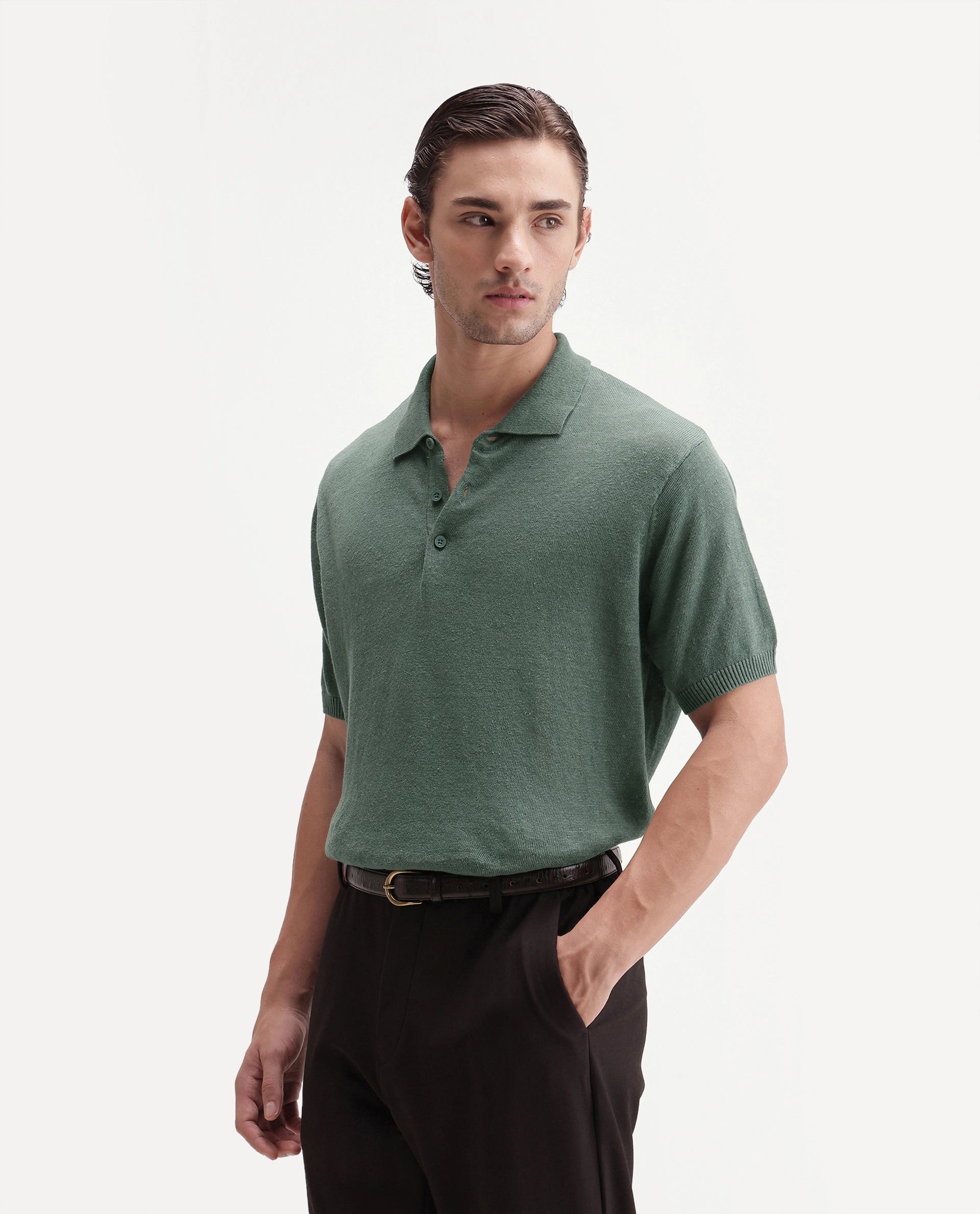 Rare Rabbit Men's Mekko-25 Green Cotton Blend Plain Regular Fit Half Sleeve Polo