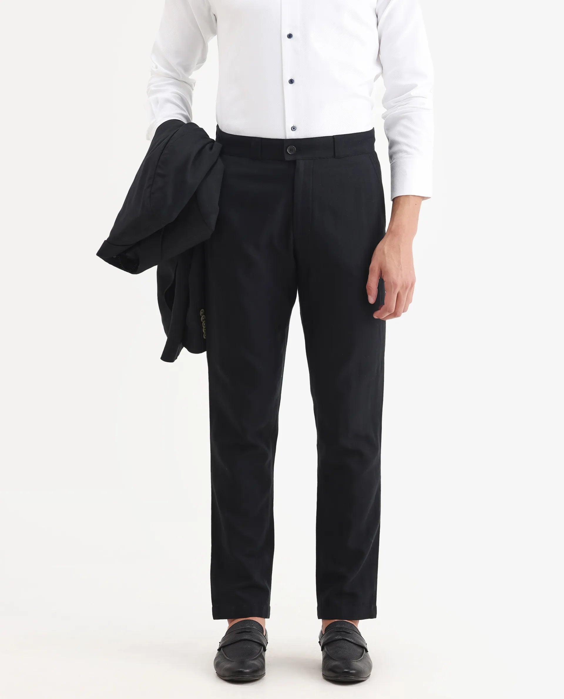 Rare Rabbit Men Jacky Black Cotton Fabric Button And Zip Closure Closure Regular Fit Jacquard Trouser