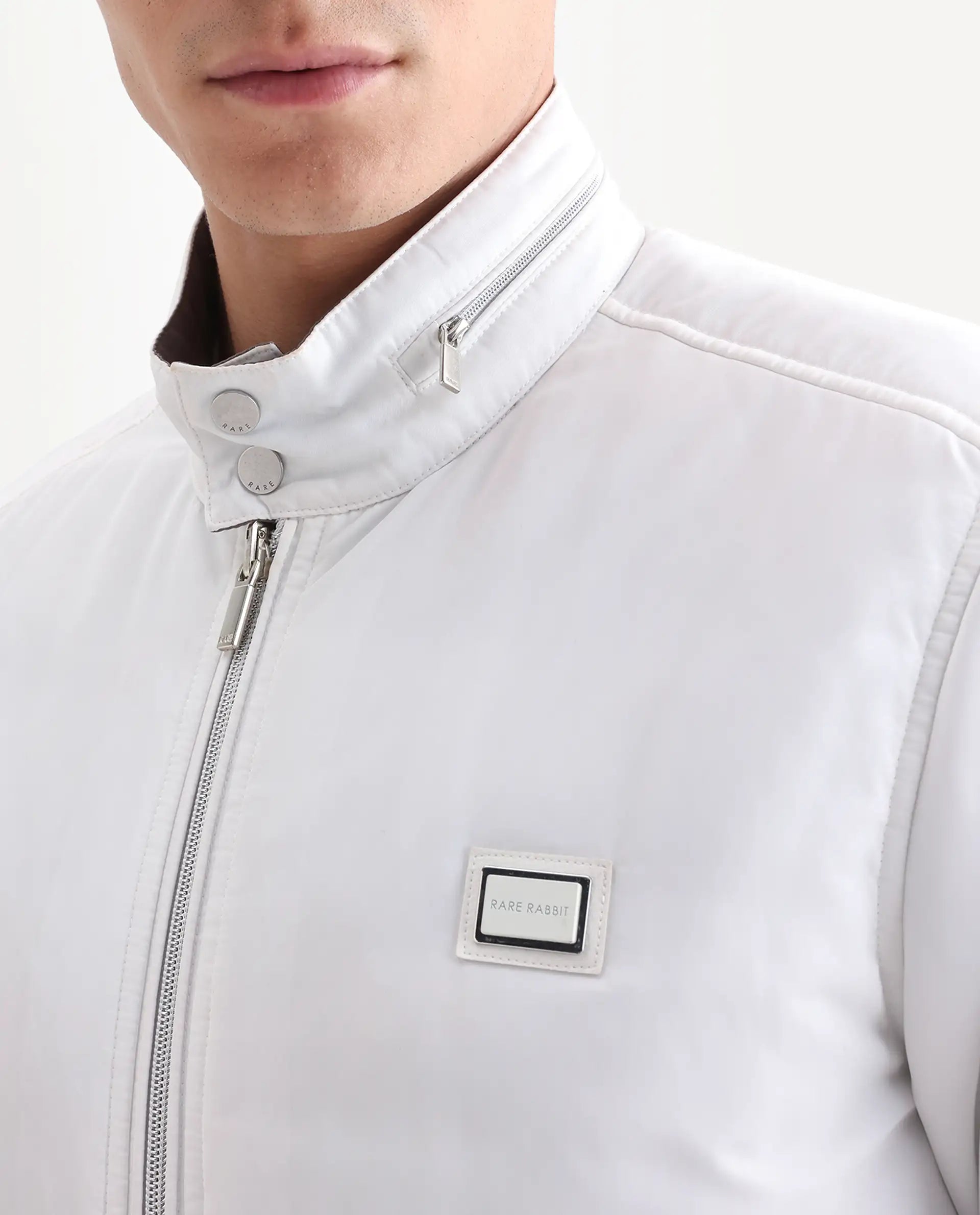 Rare Rabbit Men's Royban-25 Off White Polyester Plain Regular Fit Full Sleeve High Neck Jacket