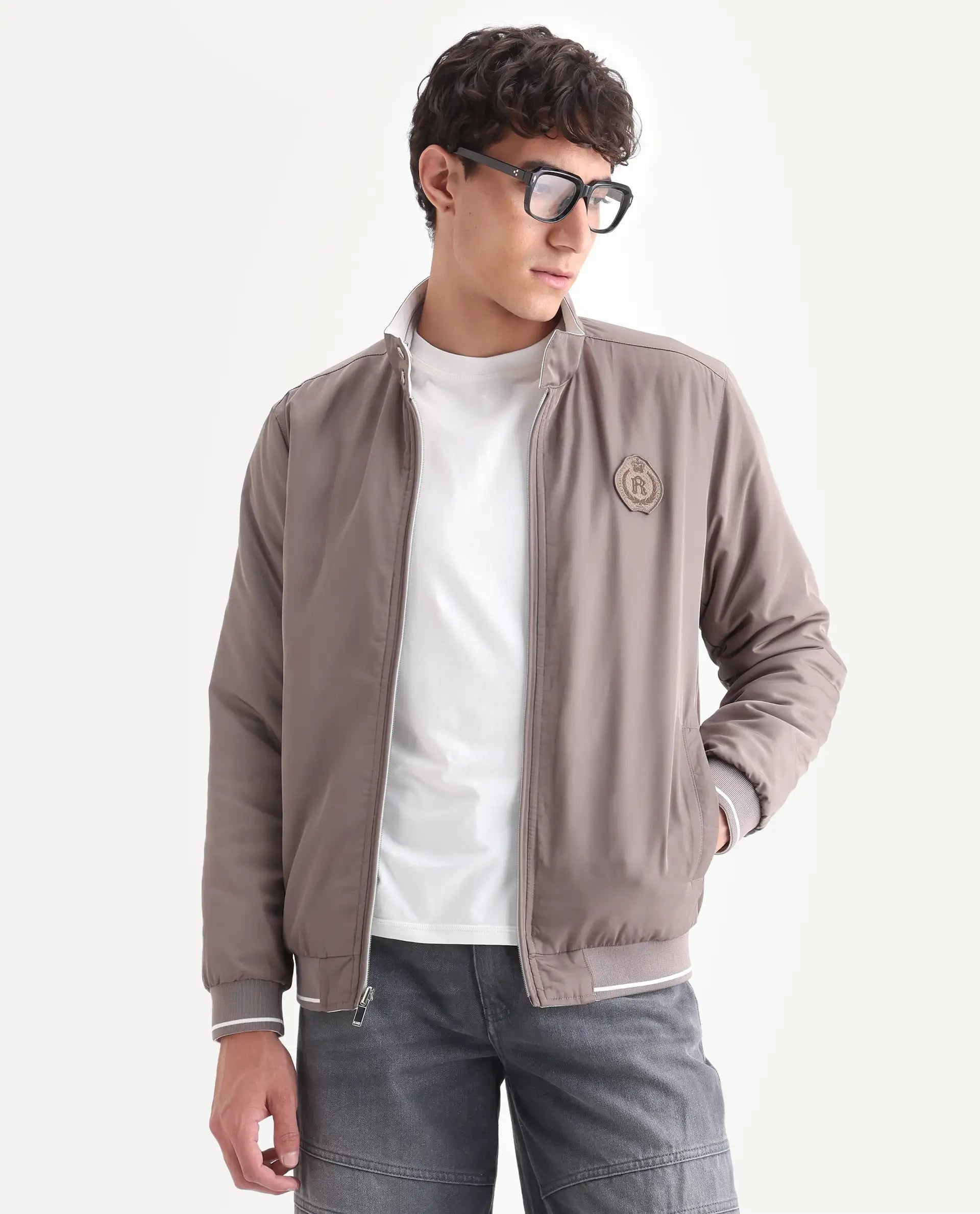 Rare Rabbit Men's Royban-25 Off White Polyester Plain Regular Fit Full Sleeve High Neck Jacket