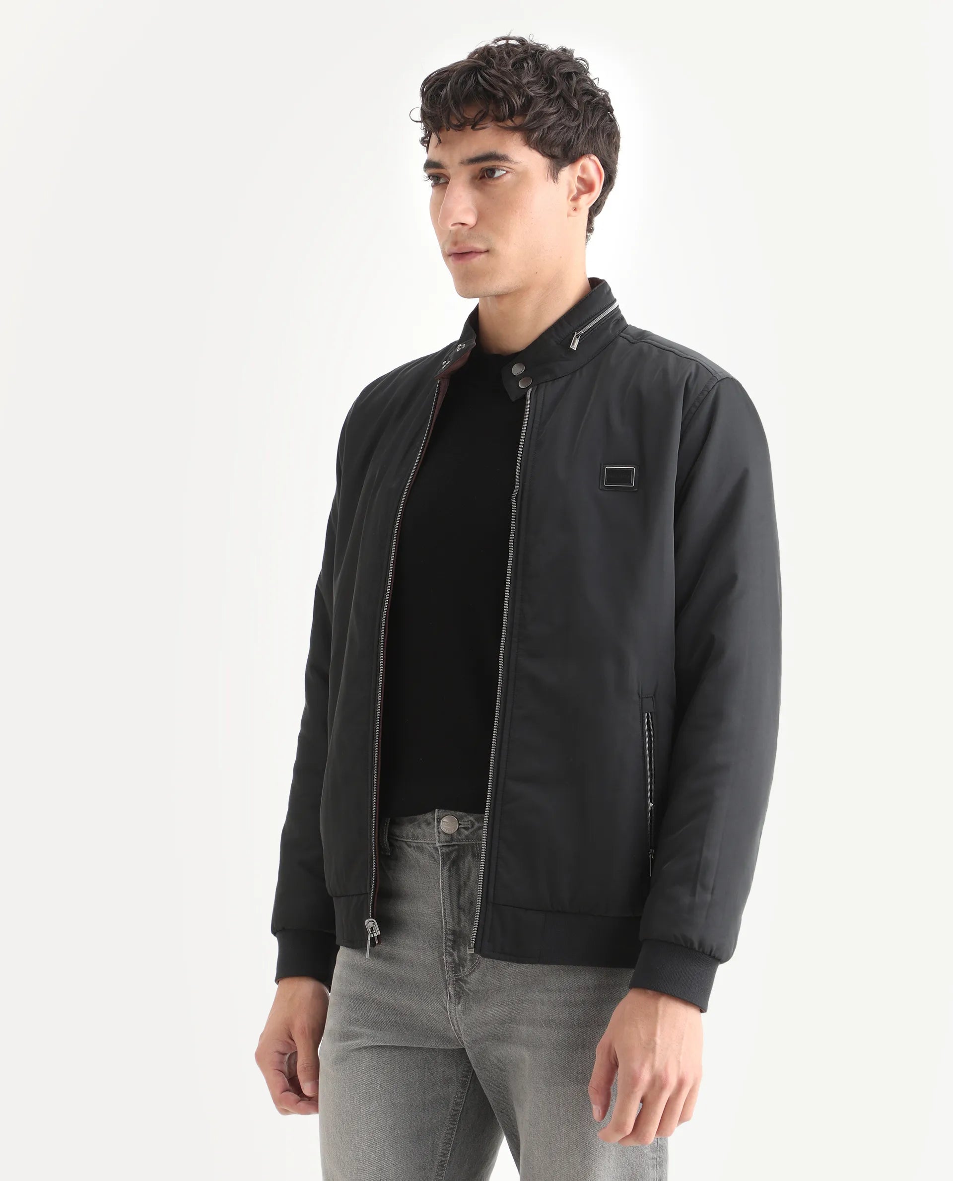Rare Rabbit Men's Royban-25 Black Polyester Plain Regular Fit Full Sleeve High Neck Jacket