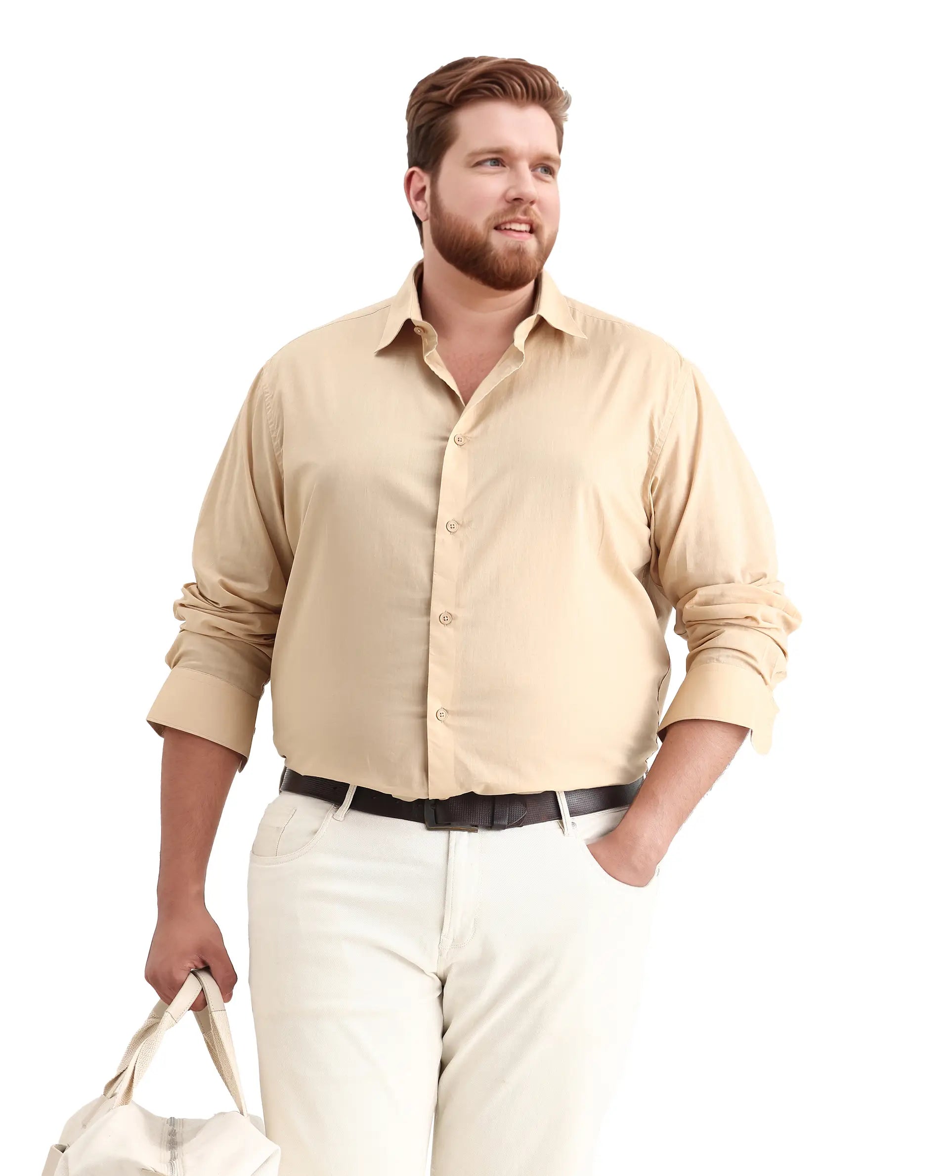 Rare Rabbit Men's Blush Big Beige Cotton Fabric Full Sleeve Collared Neck Plain Shirt