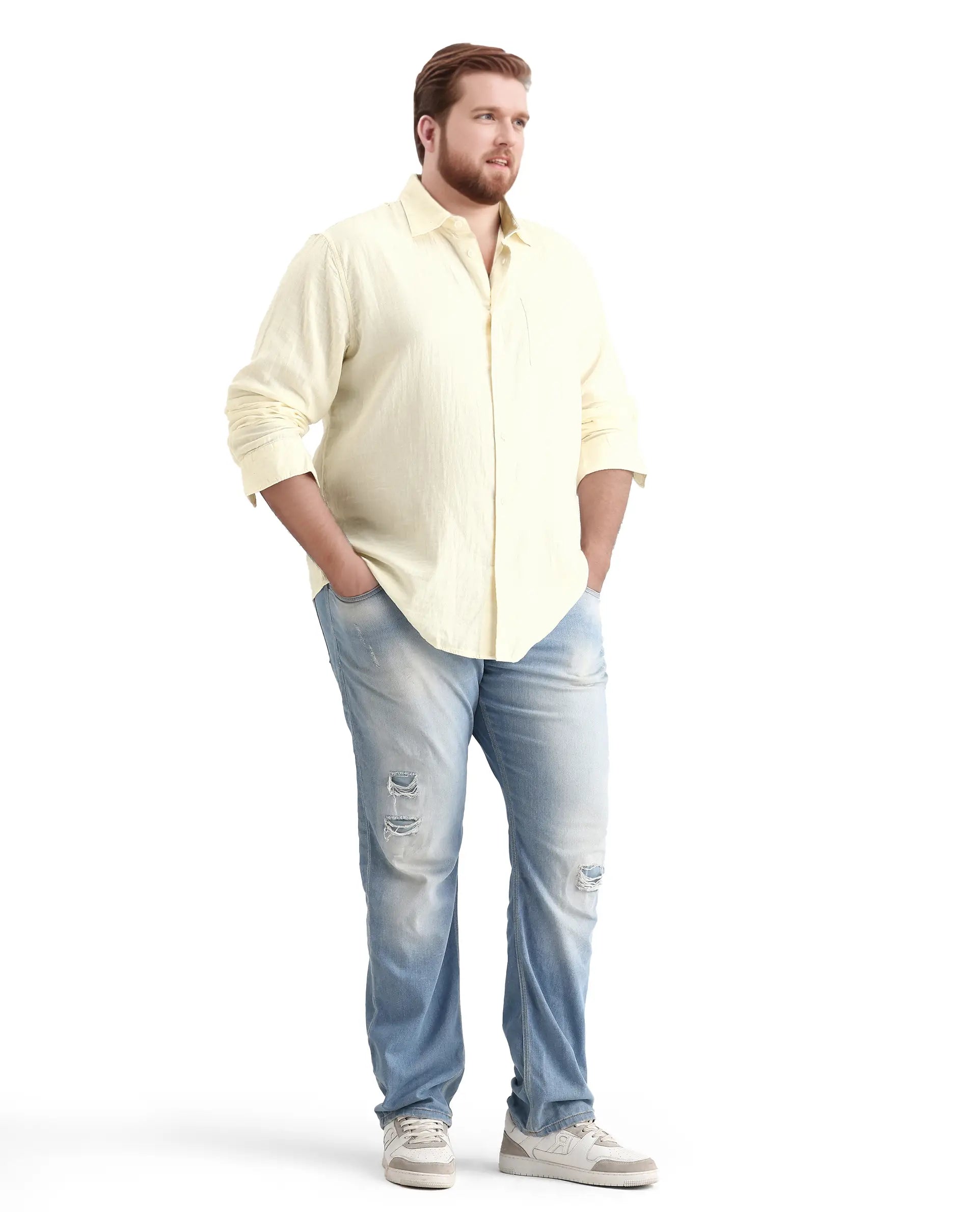 Rare Rabbit Men's Koft Big Off White Cotton Blend Fabric Full Sleeve Collared Neck Plain Shirt