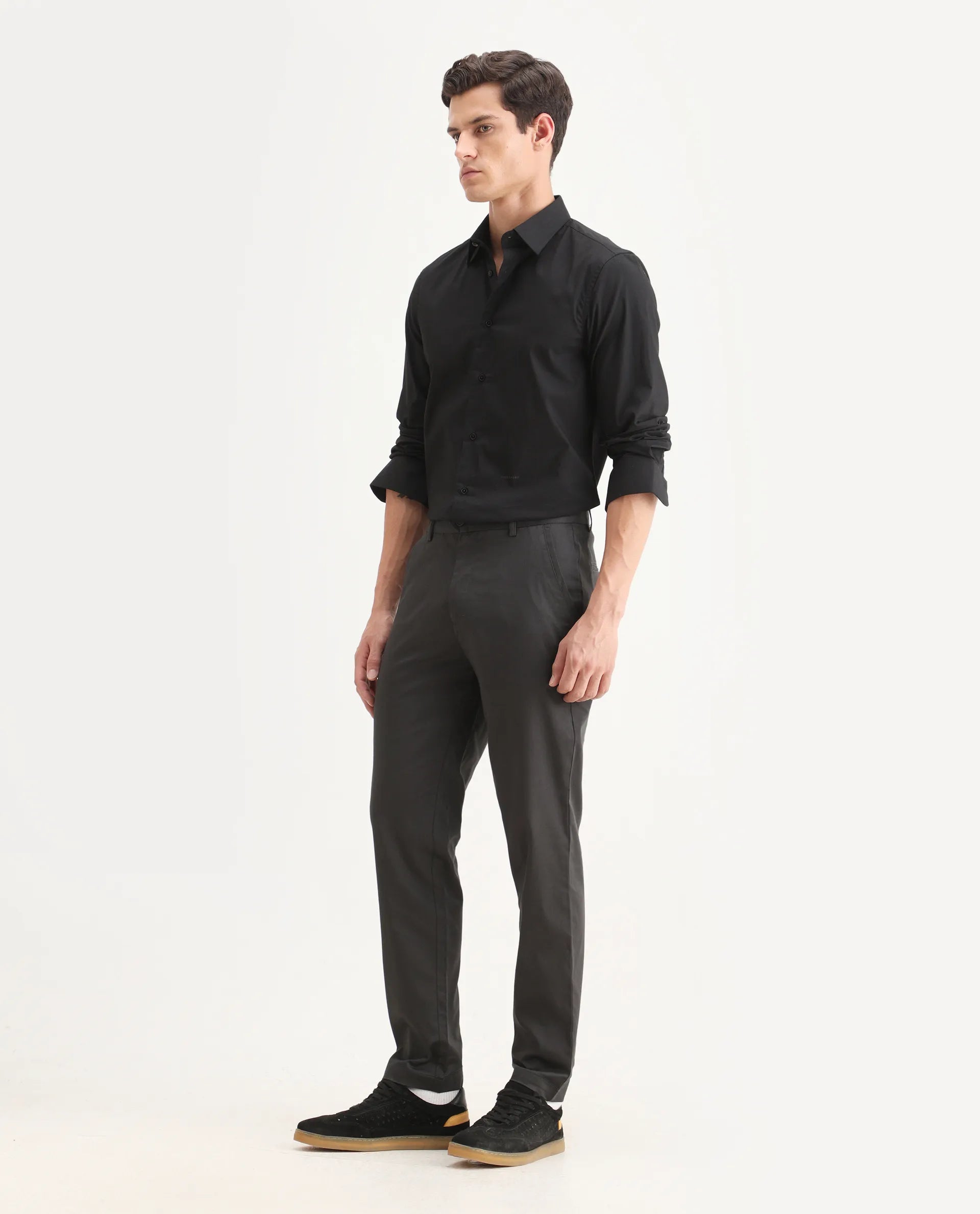 Rare Rabbit Men Hols Dark Grey Cotton Blend Fabric Button Closure Plain Trouser