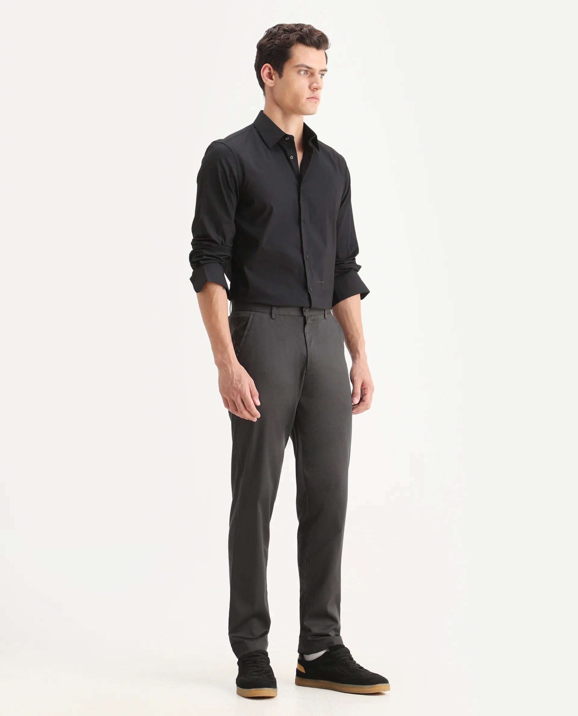 Rare Rabbit Men Hols Dark Grey Cotton Blend Fabric Button Closure Plain Trouser