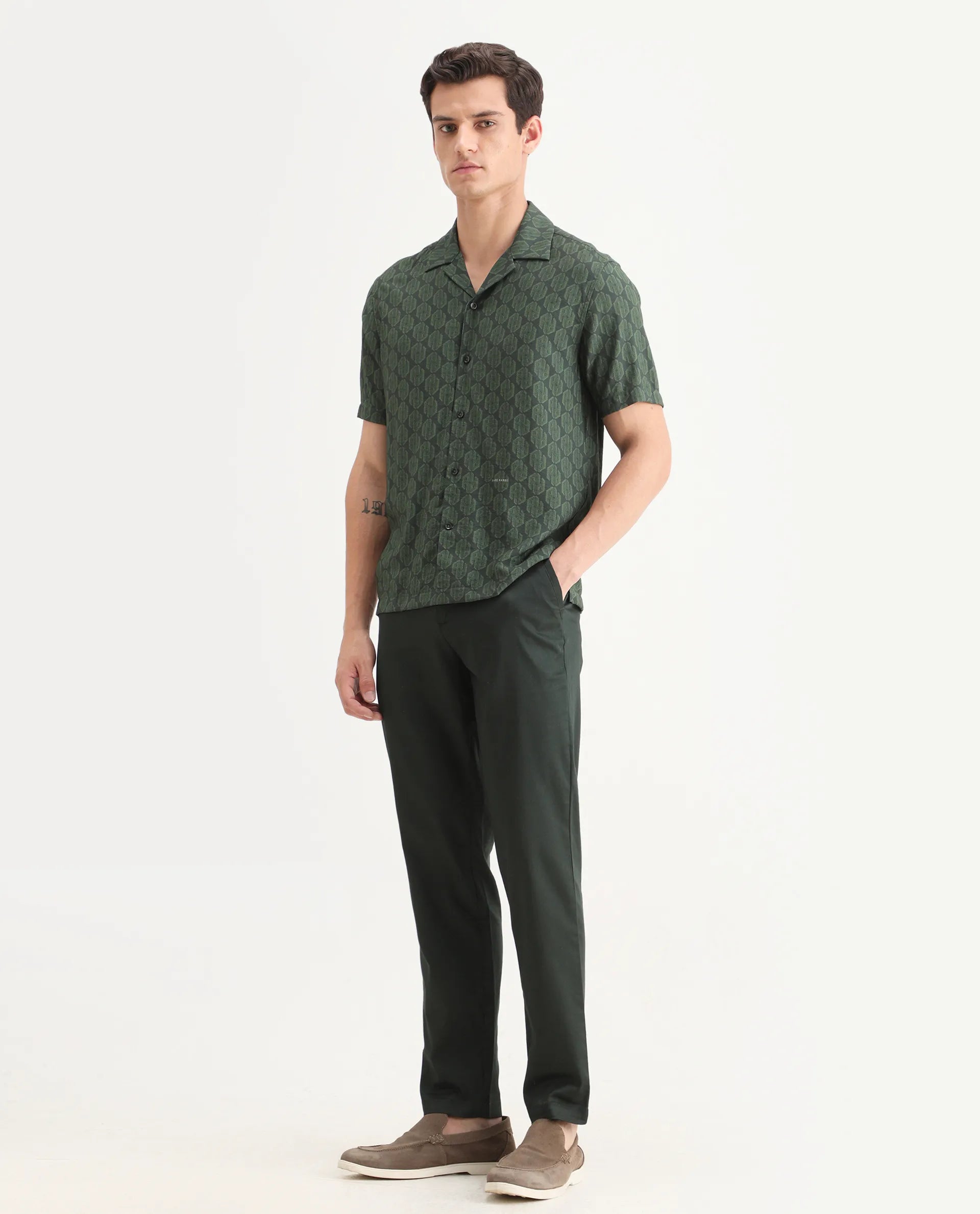 Rare Rabbit Men Hols Dark Olive Cotton Blend Fabric Button Closure Plain Trouser