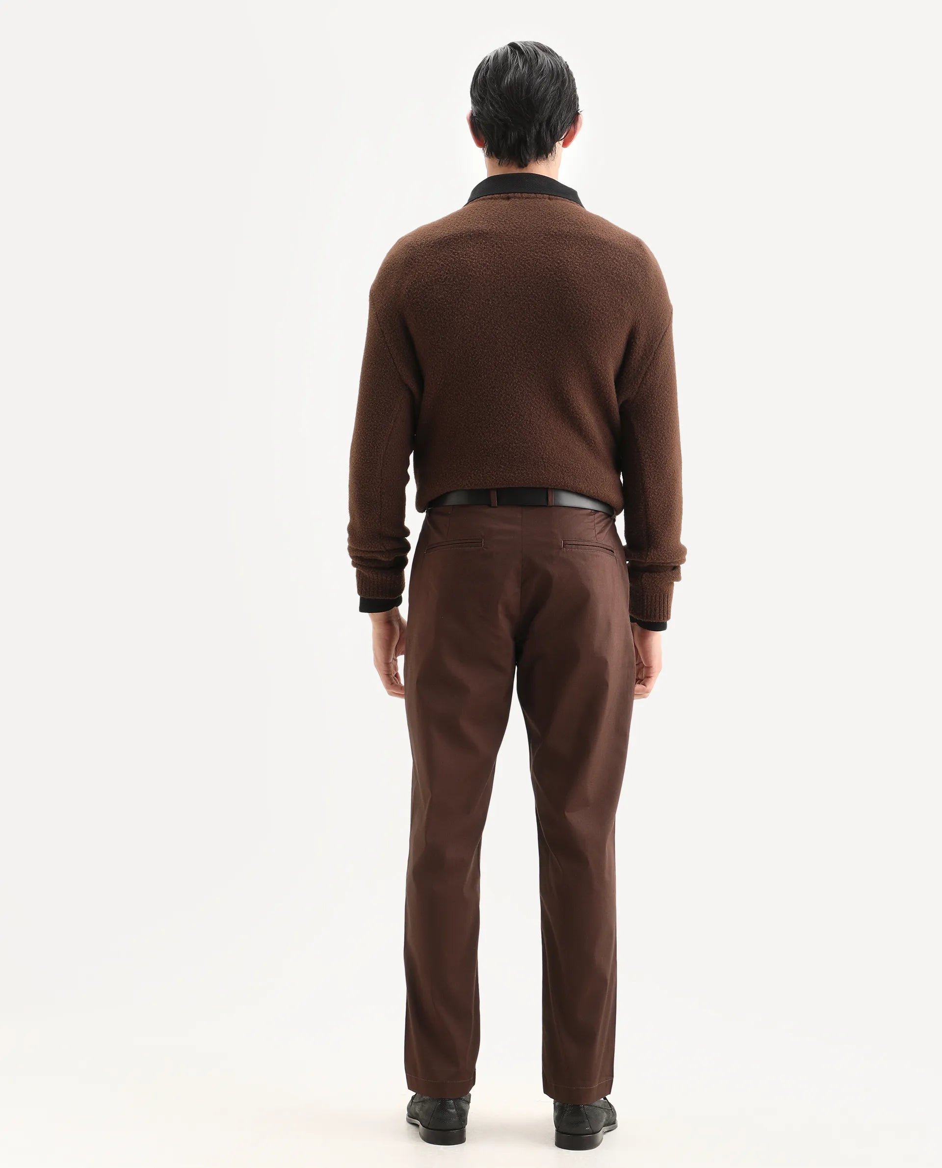 Rare Rabbit Men Bene Dark Brown Cotton Blend Fabric Button Closure Straight Fit Plain Trouser