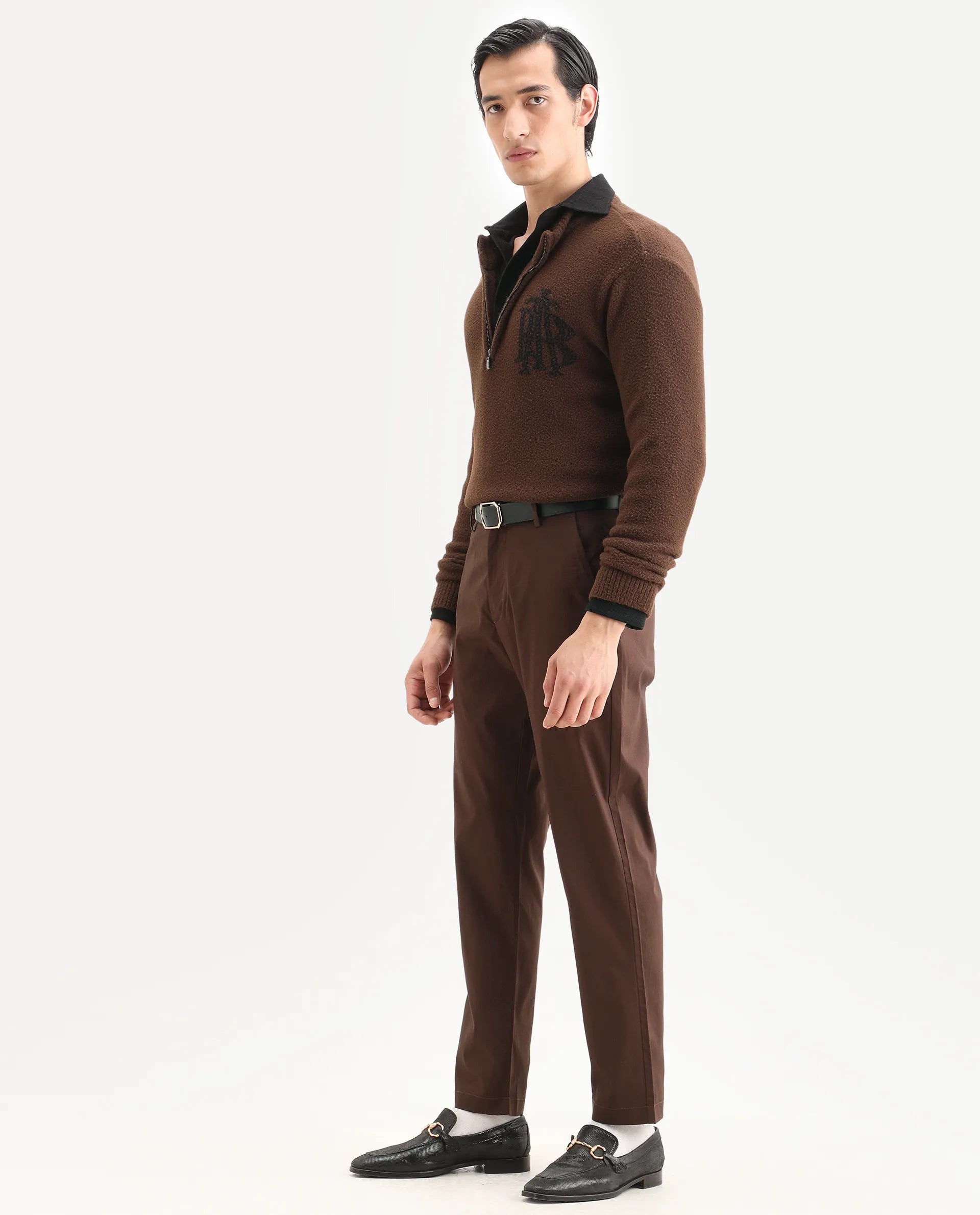 Rare Rabbit Men Bene Dark Brown Cotton Blend Fabric Button Closure Straight Fit Plain Trouser