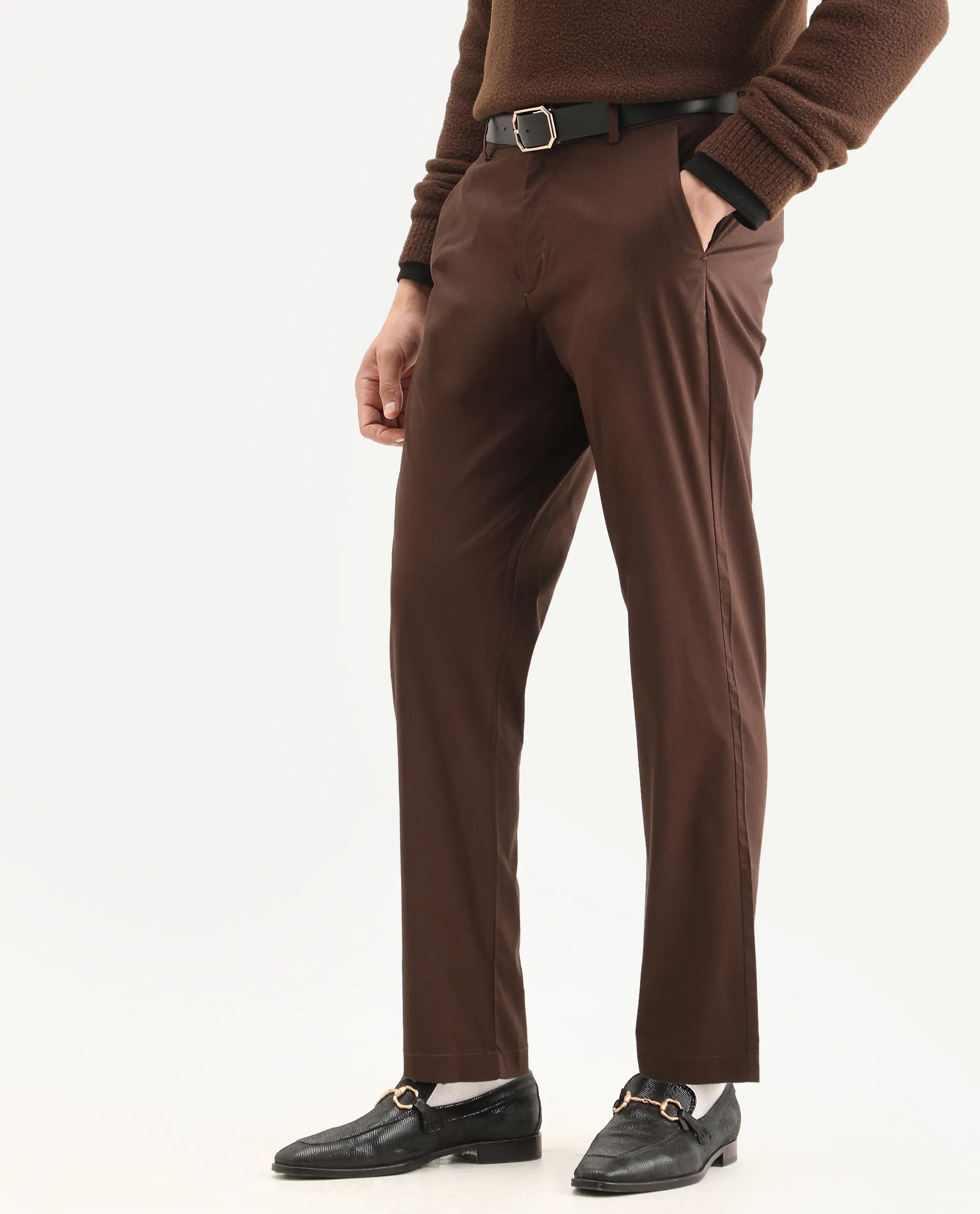 Rare Rabbit Men Bene Dark Brown Cotton Blend Fabric Button Closure Straight Fit Plain Trouser