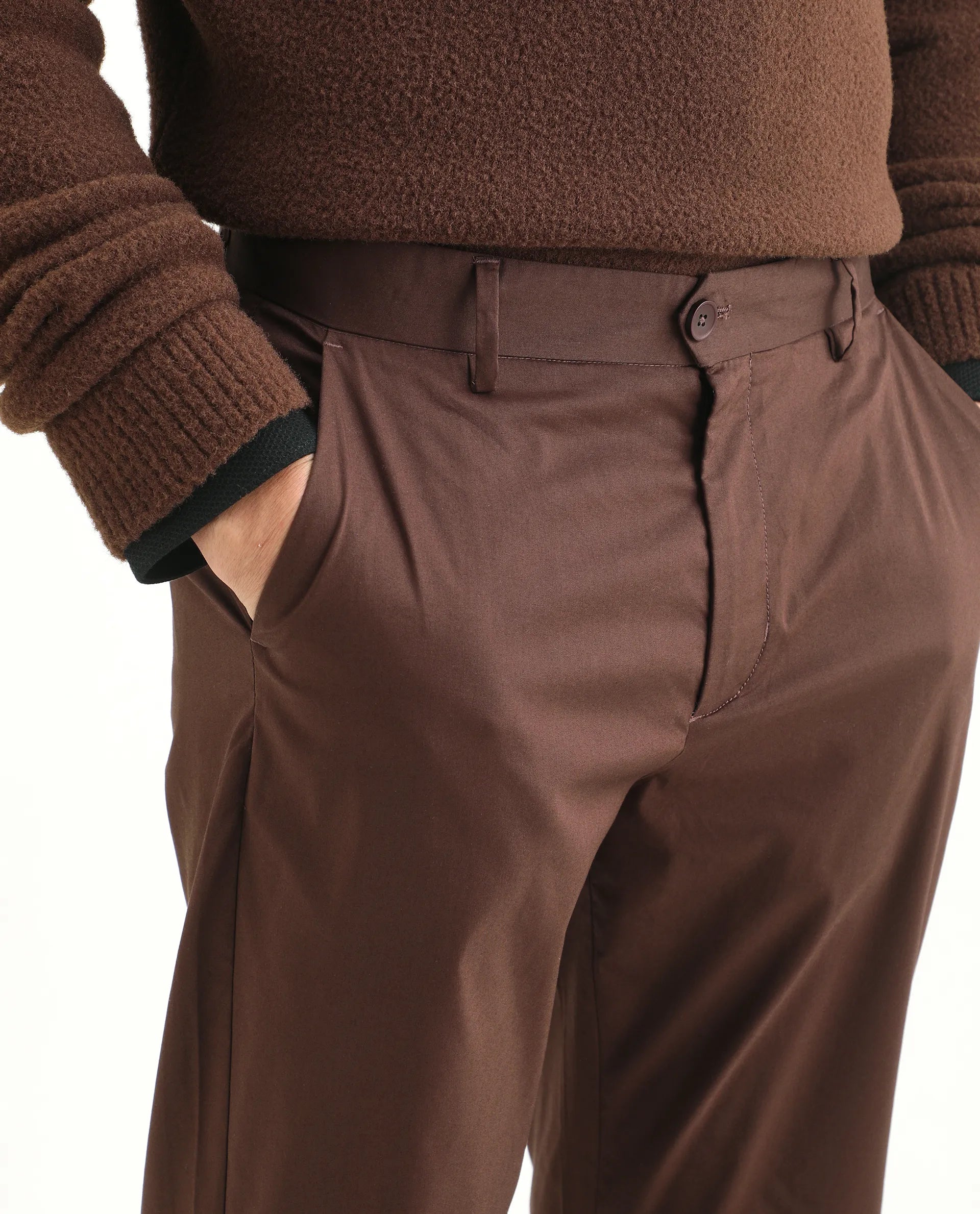 Rare Rabbit Men Bene Dark Brown Cotton Blend Fabric Button Closure Straight Fit Plain Trouser