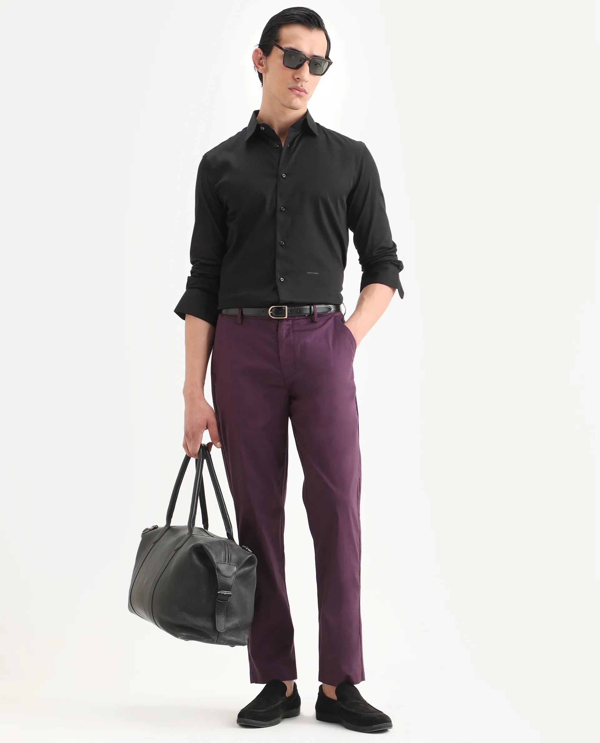 Rare Rabbit Men Bene Dark Purple Cotton Blend Fabric Button Closure Straight Fit Plain Trouser