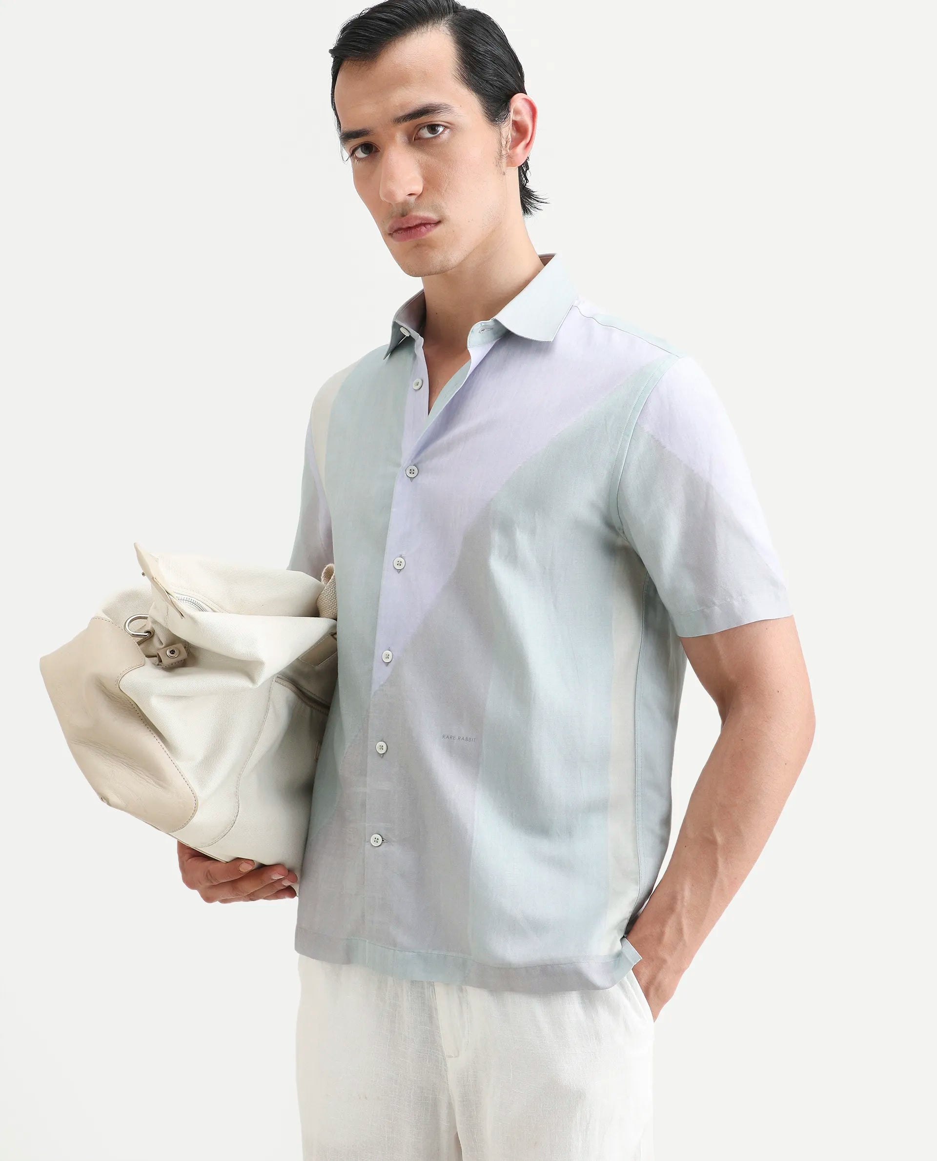 Rare Rabbit Men's Fade Pastel Green Cotton Blend Geometric Print Regular Fit Half Sleeve Collared Shirt