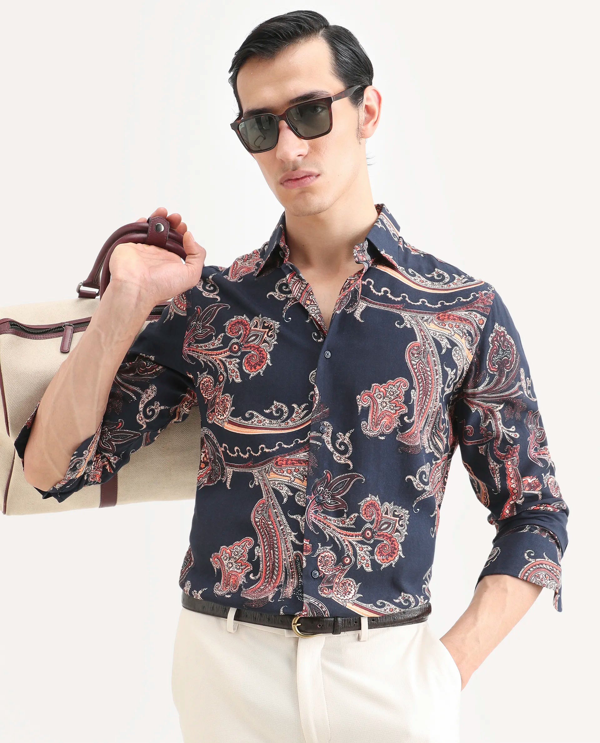 Rare Rabbit Men's Strom Dark Blue Viscose Paisley Print Regular Fit Full Sleeve Collared Shirt