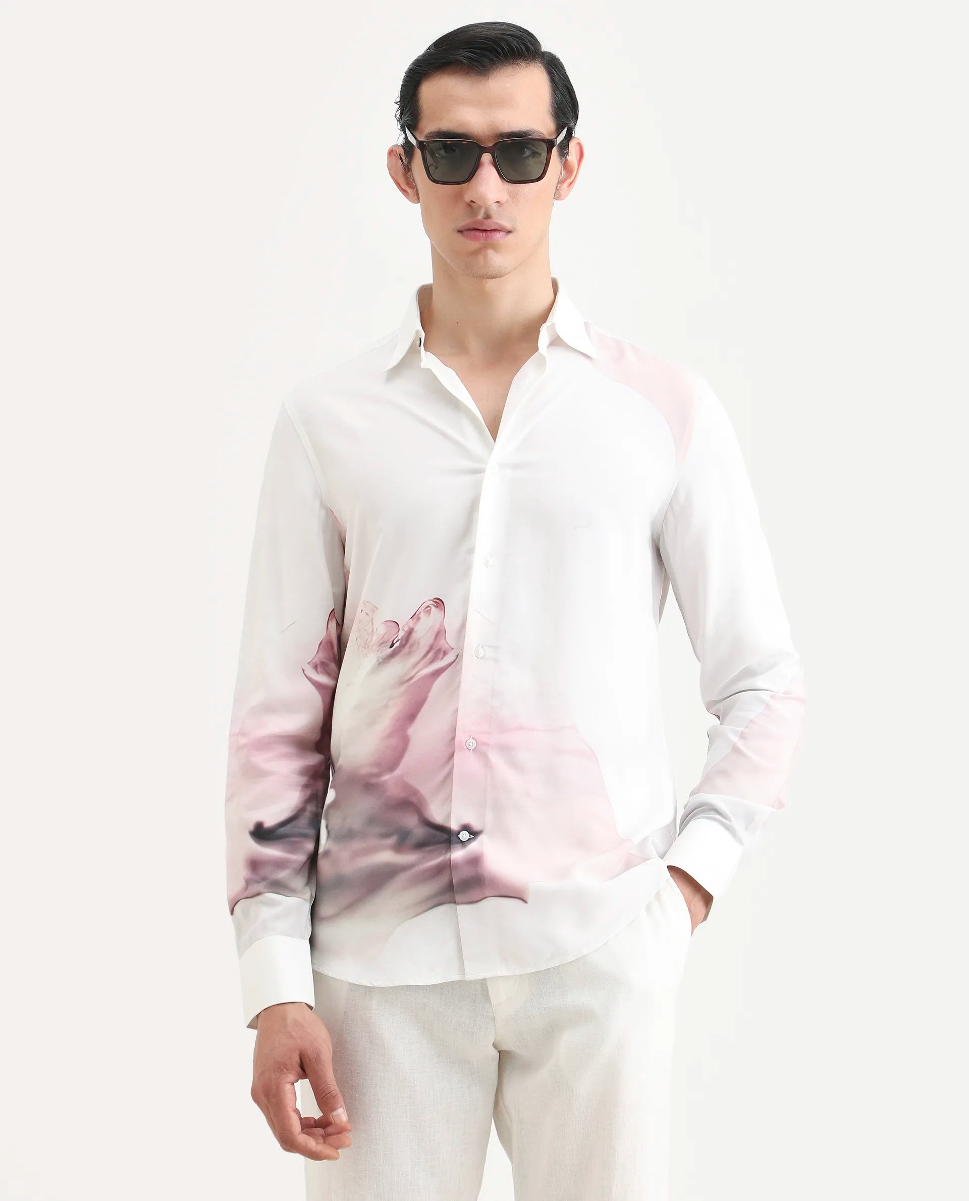 Rare Rabbit Men's Tavi White Viscose Floral Print Regular Fit Full Sleeve Collared Shirt