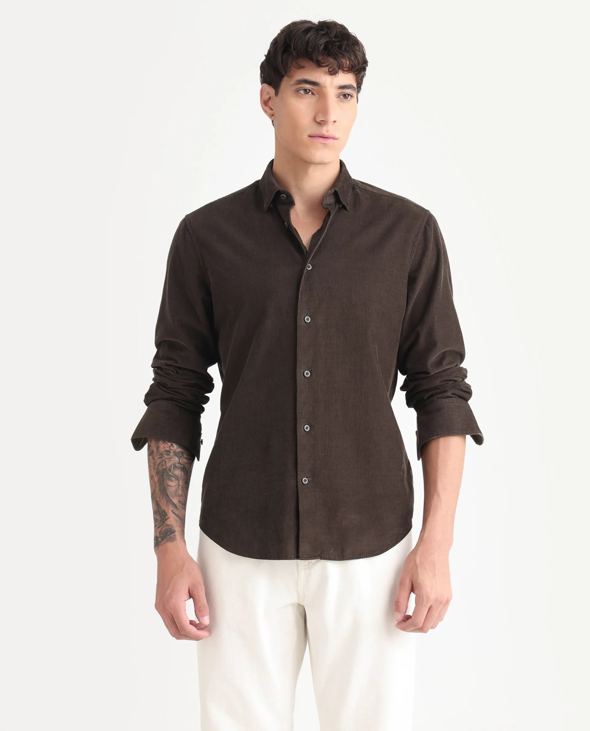 Rare Rabbit Men's Buita Dark Brown Cotton Plain Regular Fit Full Sleeve Collared Shirt