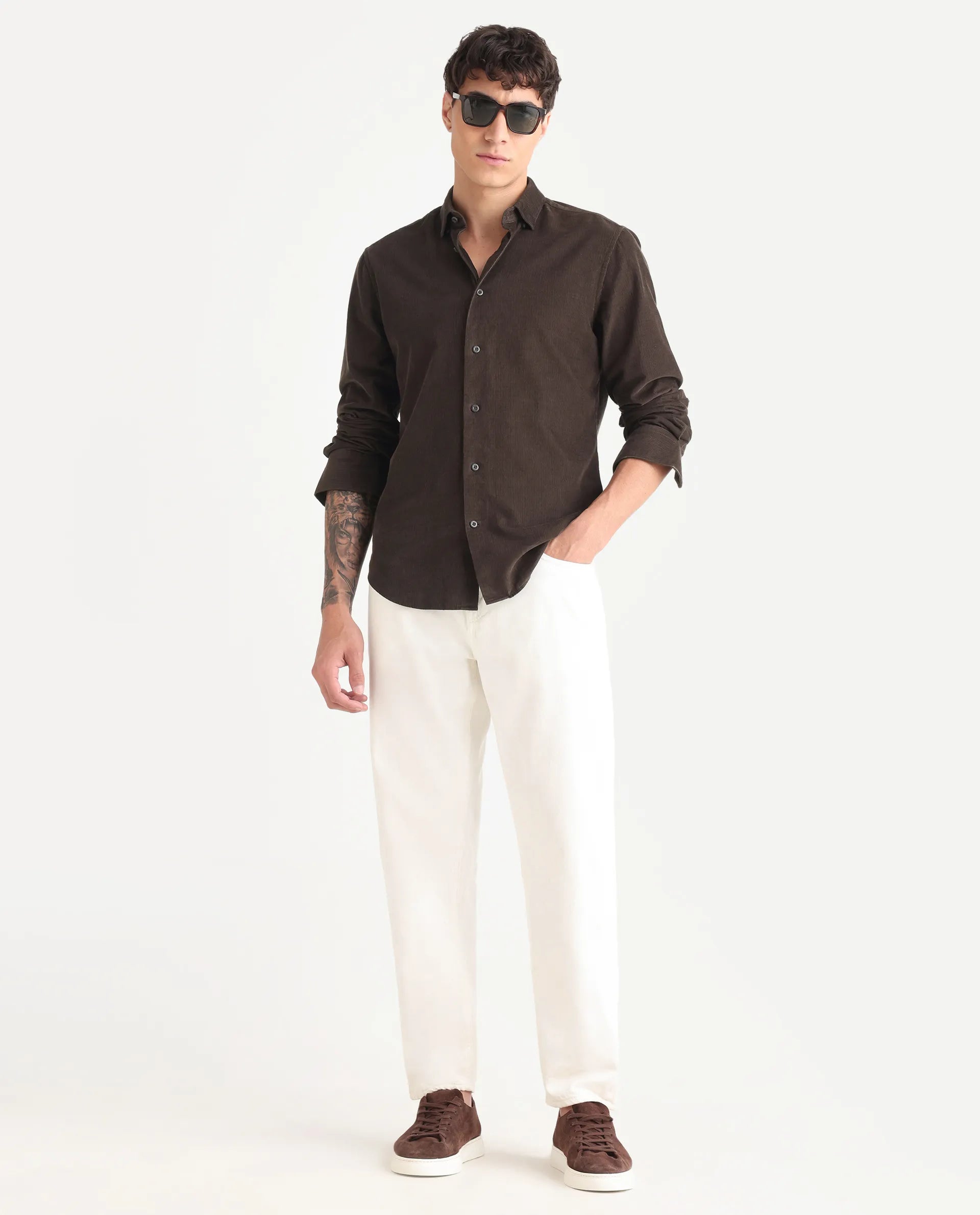 Rare Rabbit Men's Buita Dark Brown Cotton Plain Regular Fit Full Sleeve Collared Shirt