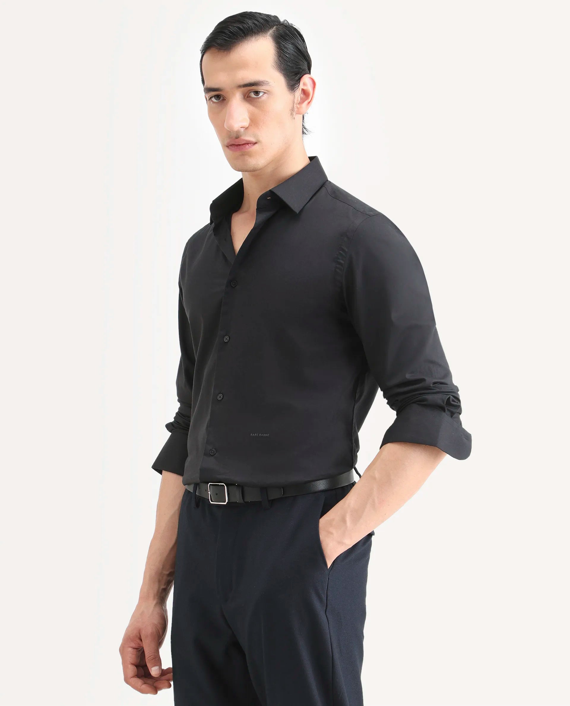 Rare Rabbit Men's Newton 25 Black Cotton Blend Plain Regular Fit Full Sleeve Collared Shirt