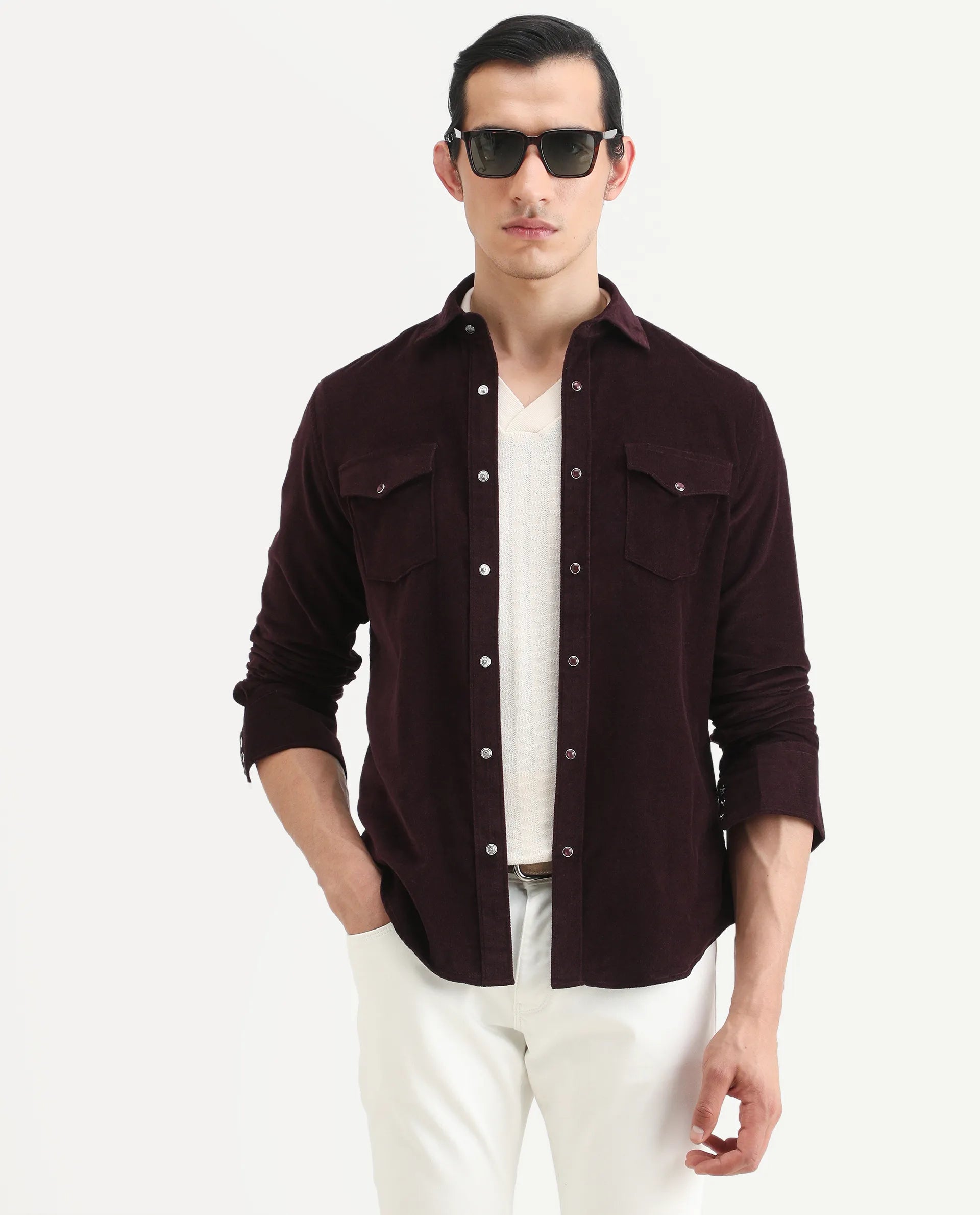 Rare Rabbit Men's Cord Dark Maroon Cotton Fabric Collared Neck Regular Fit Plain Shirt