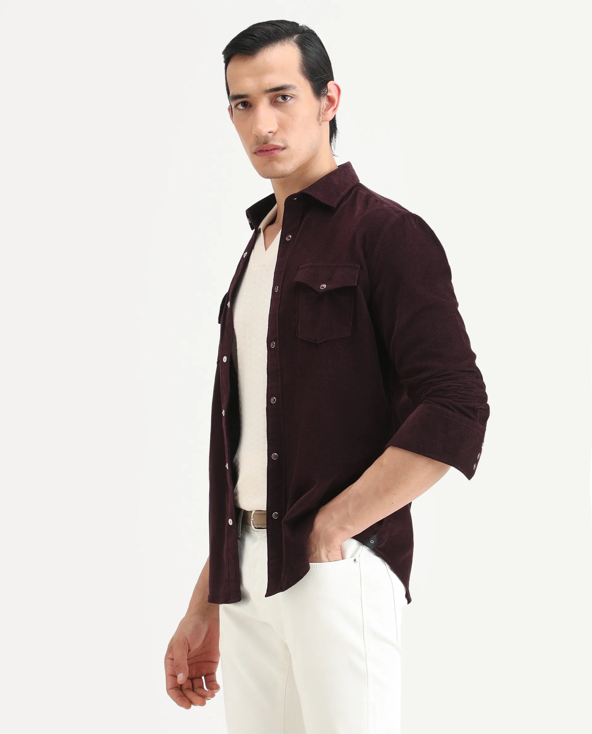 Rare Rabbit Men's Cord Dark Maroon Cotton Fabric Collared Neck Regular Fit Plain Shirt