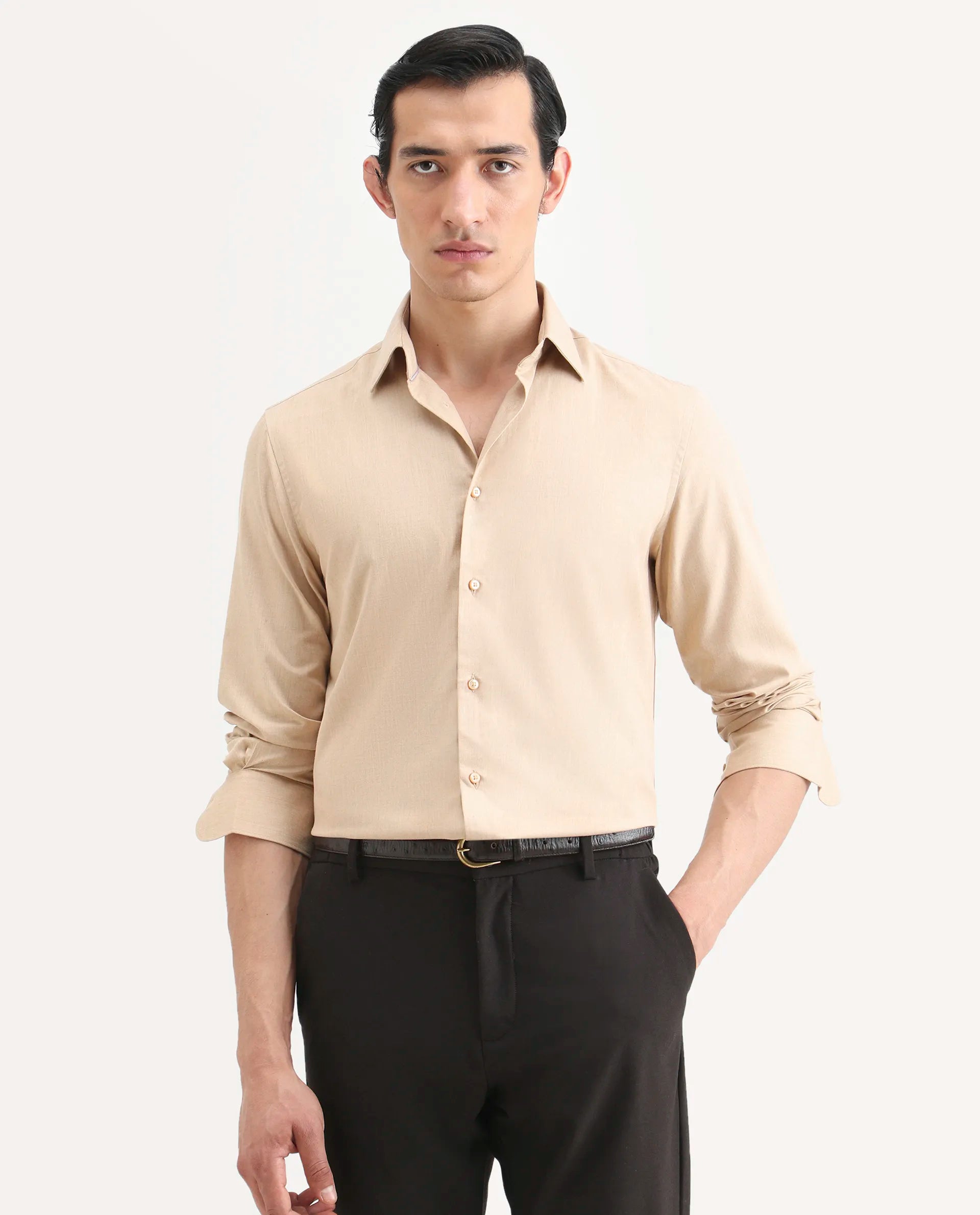 Rare Rabbit Men's Gunjo 25 Beige Cotton Blend Plain Regular Fit Full Sleeve Collared Shirt