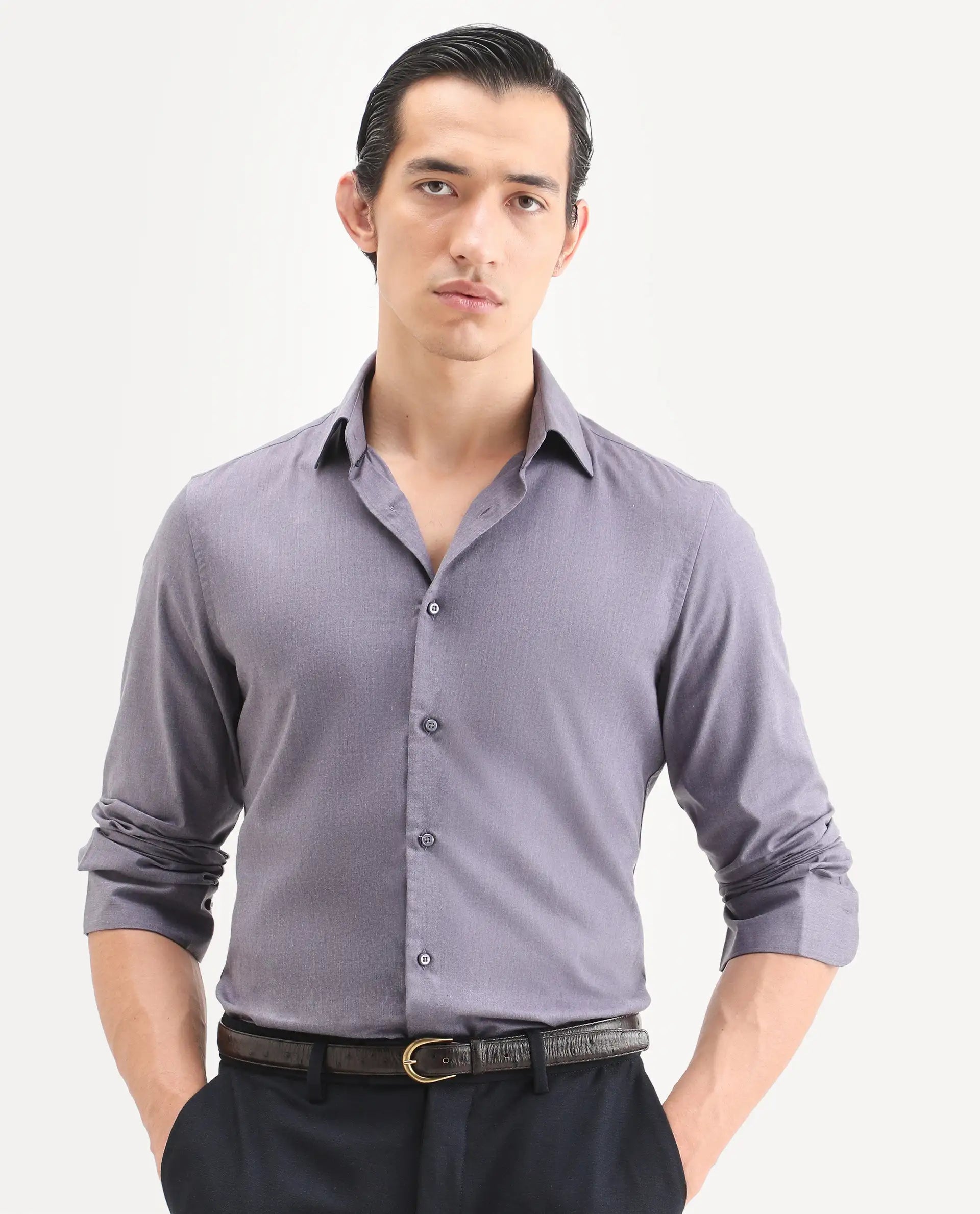 Rare Rabbit Men's Gunjo 25 Dusky Purple Cotton Blend Plain Regular Fit Full Sleeve Collared Shirt