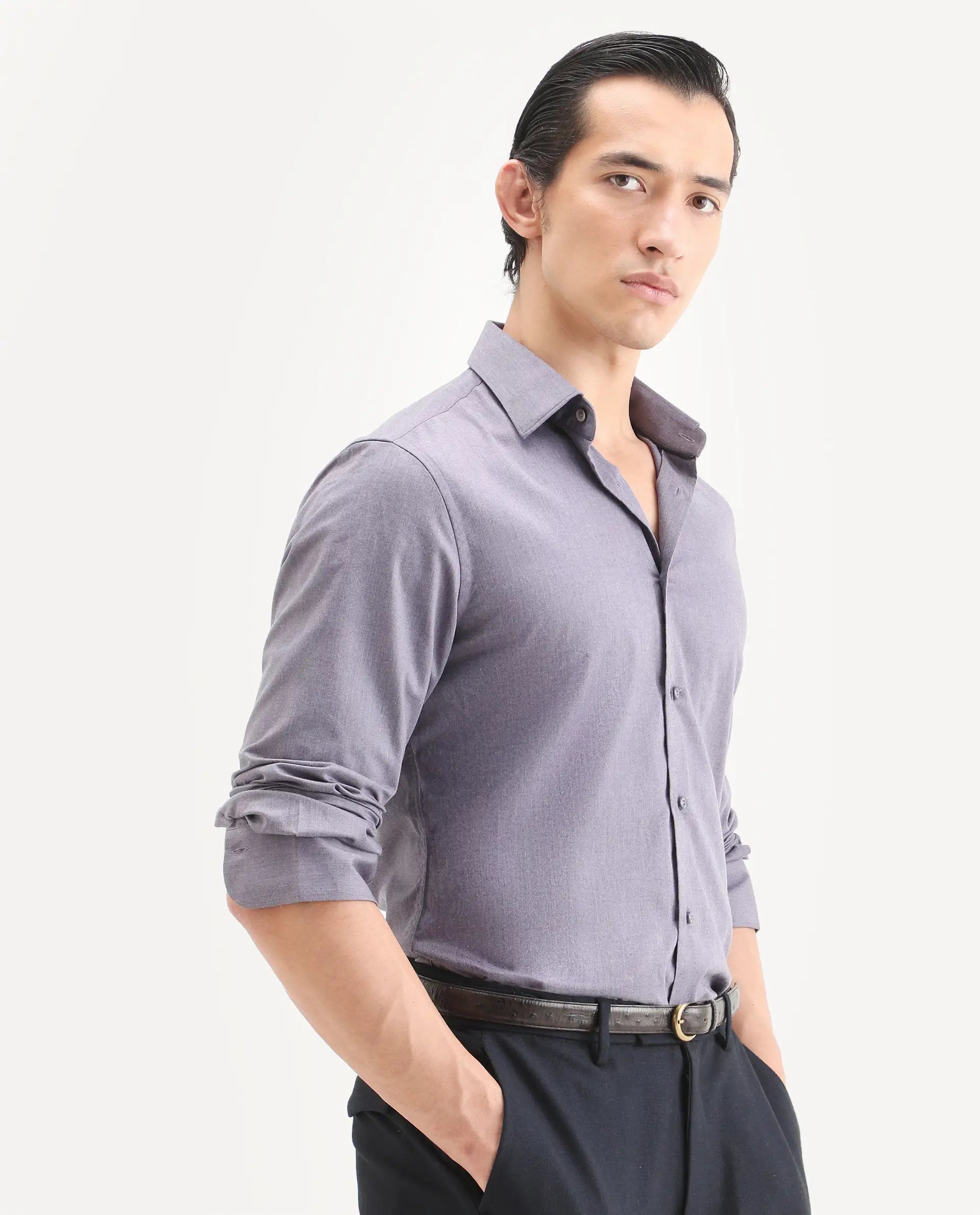 Rare Rabbit Men's Gunjo 25 Dusky Purple Cotton Blend Plain Regular Fit Full Sleeve Collared Shirt