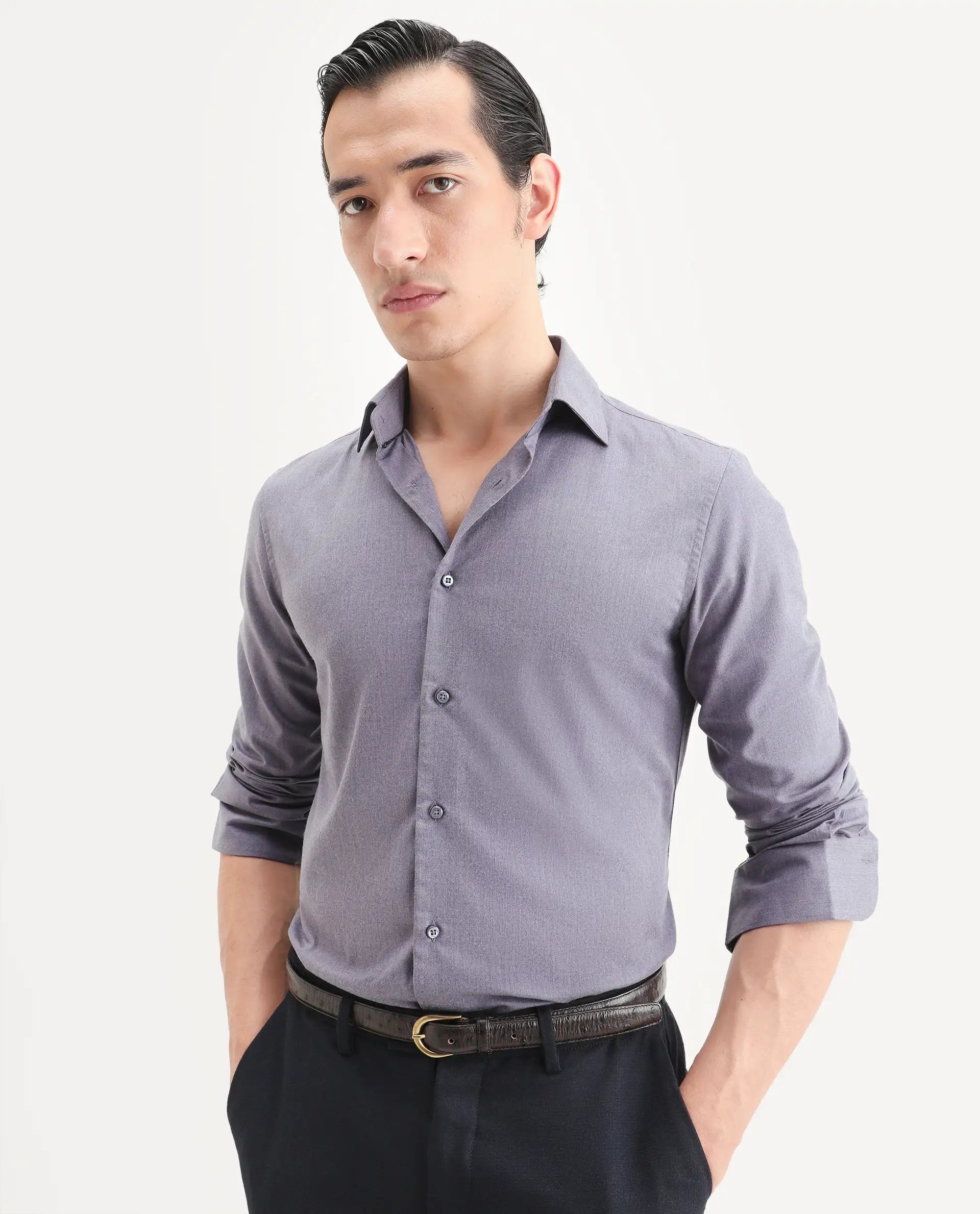 Rare Rabbit Men's Gunjo 25 Dusky Purple Cotton Blend Plain Regular Fit Full Sleeve Collared Shirt