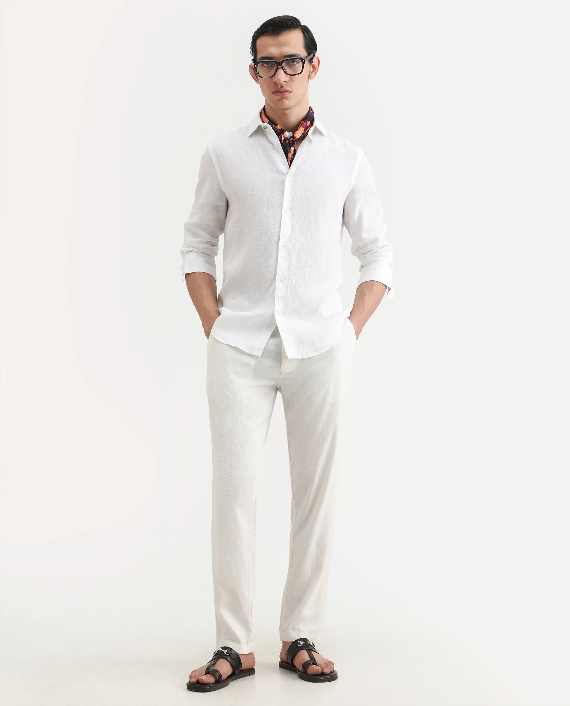 Rare Rabbit Men's Mavi White Linen Plain Regular Fit Full Sleeve Collared Shirt