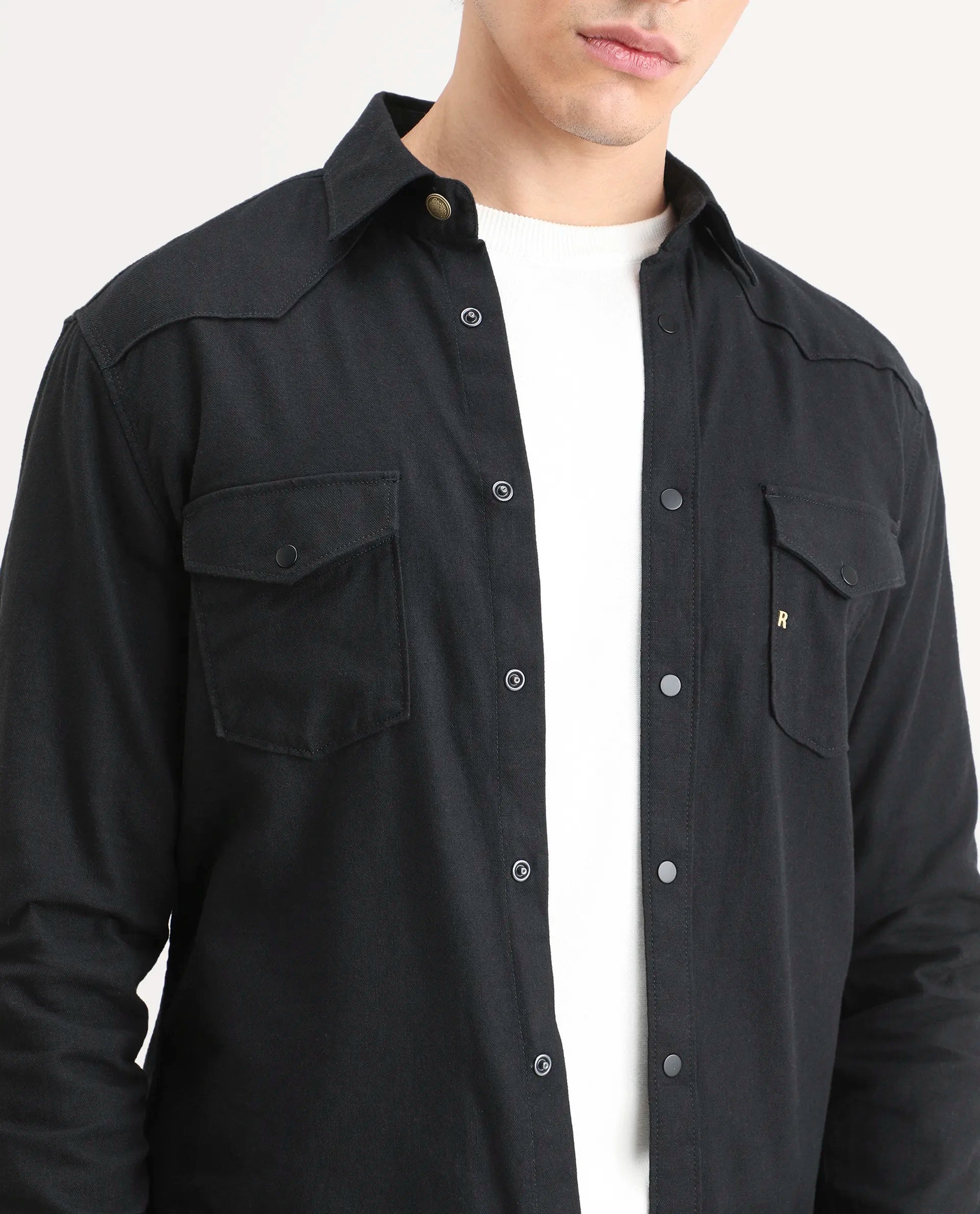 Rare Rabbit Men's Taison-25 Black Cotton Plain Regular Fit Full Sleeve Collared Shirt