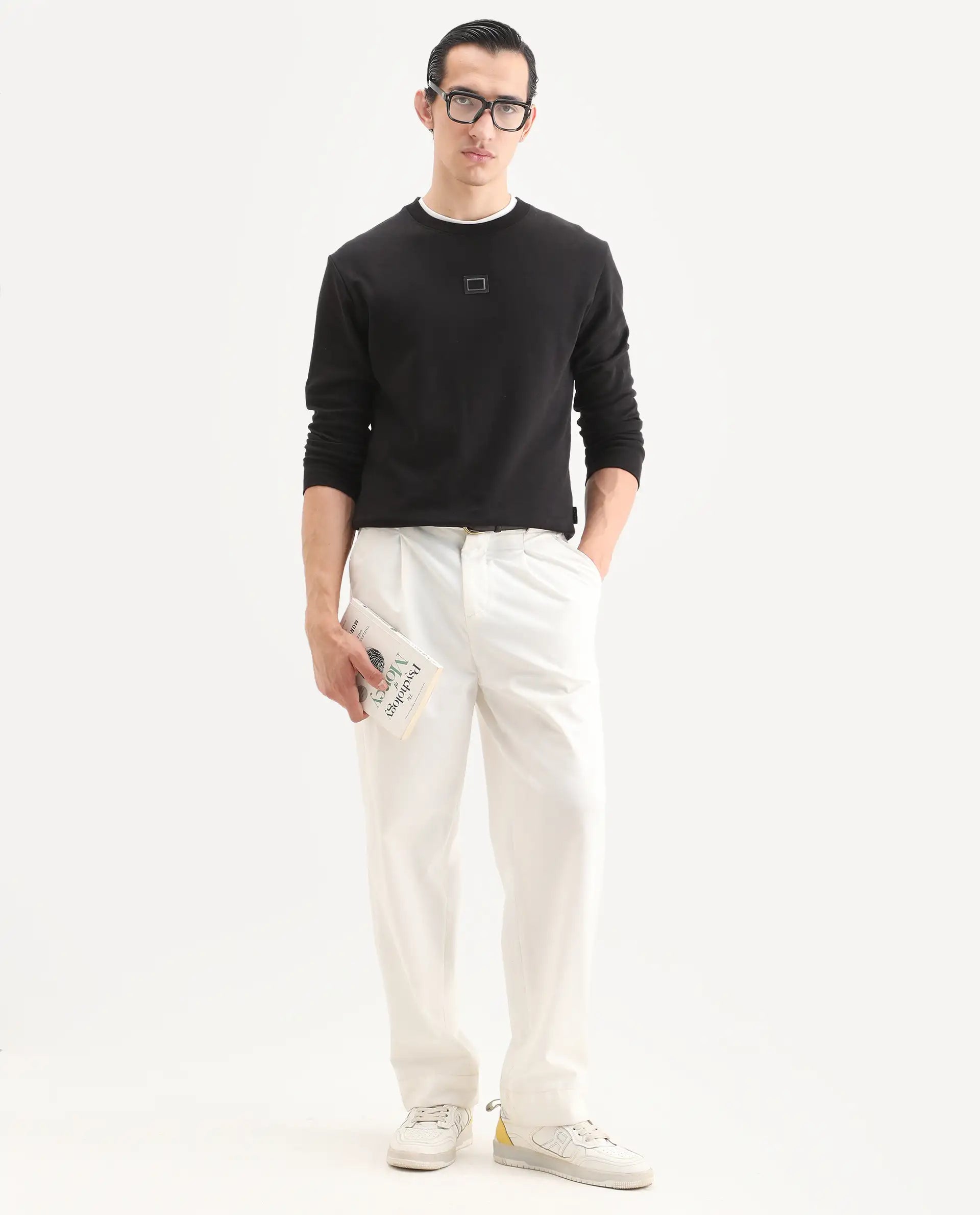 Rare Rabbit Men's Badget-25 Black Cotton Blend Badge Print Regular Fit Full Sleeve Crew Neck Sweatshirt