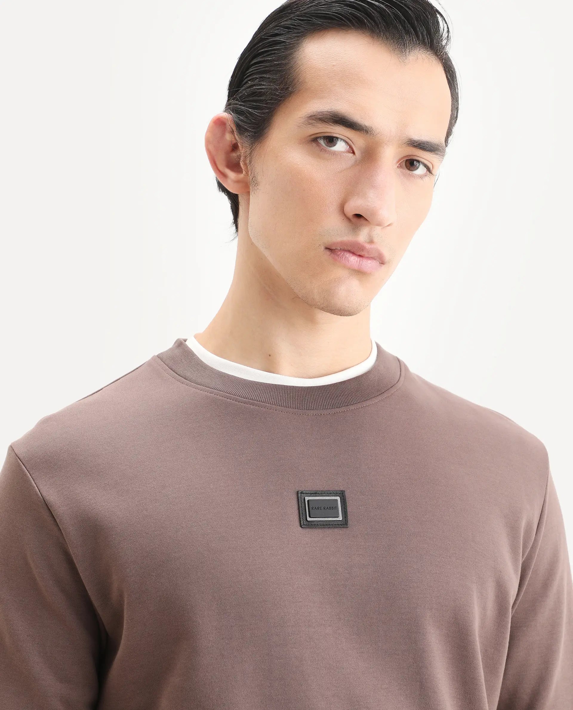 Rare Rabbit Men's Badget-25 Dusky Brown Cotton Blend Badge Print Regular Fit Full Sleeve Crew Neck Sweatshirt
