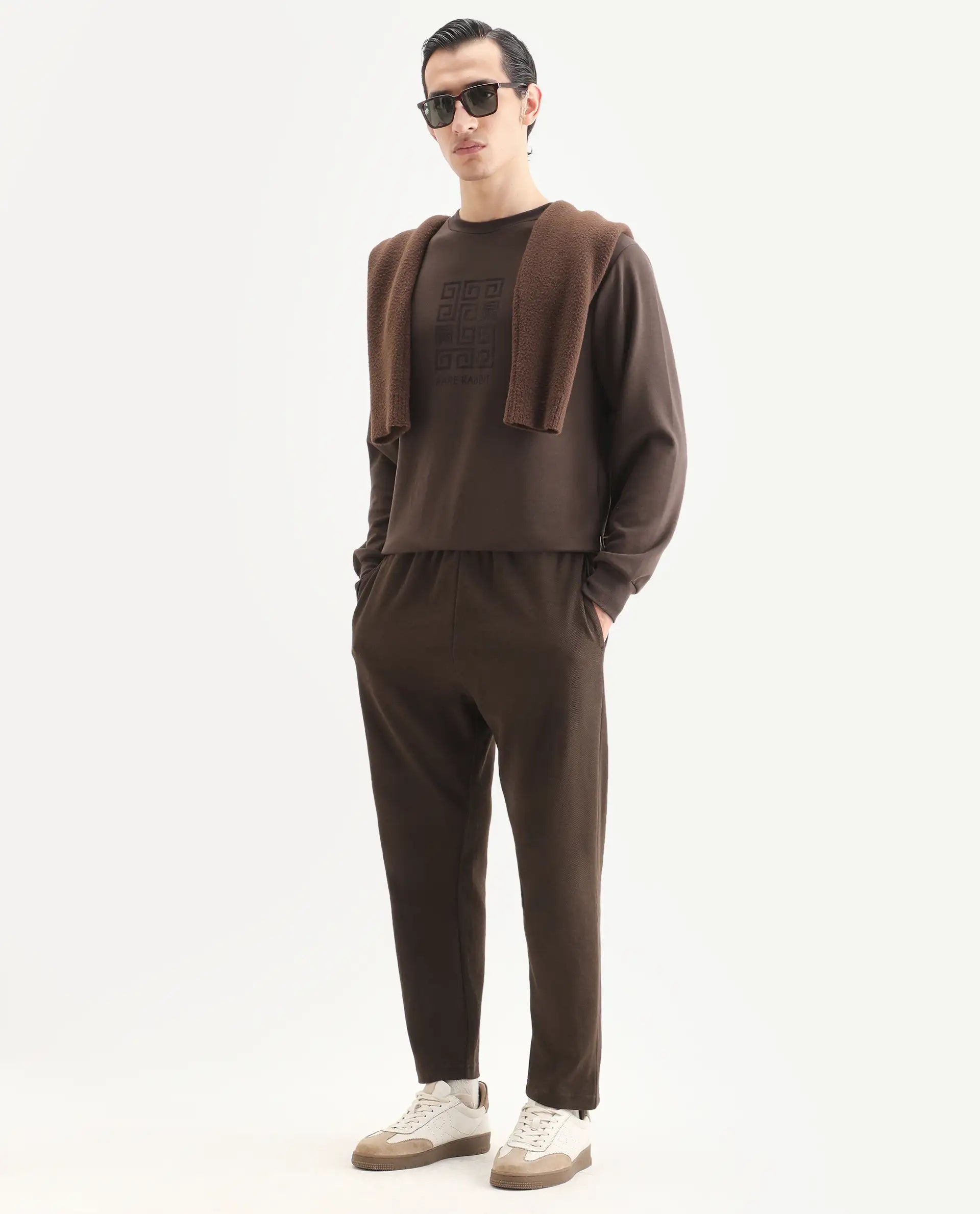Rare Rabbit Men's Costo-B Dark Brown Polyester Blend Plain Regular Fit Track Pant