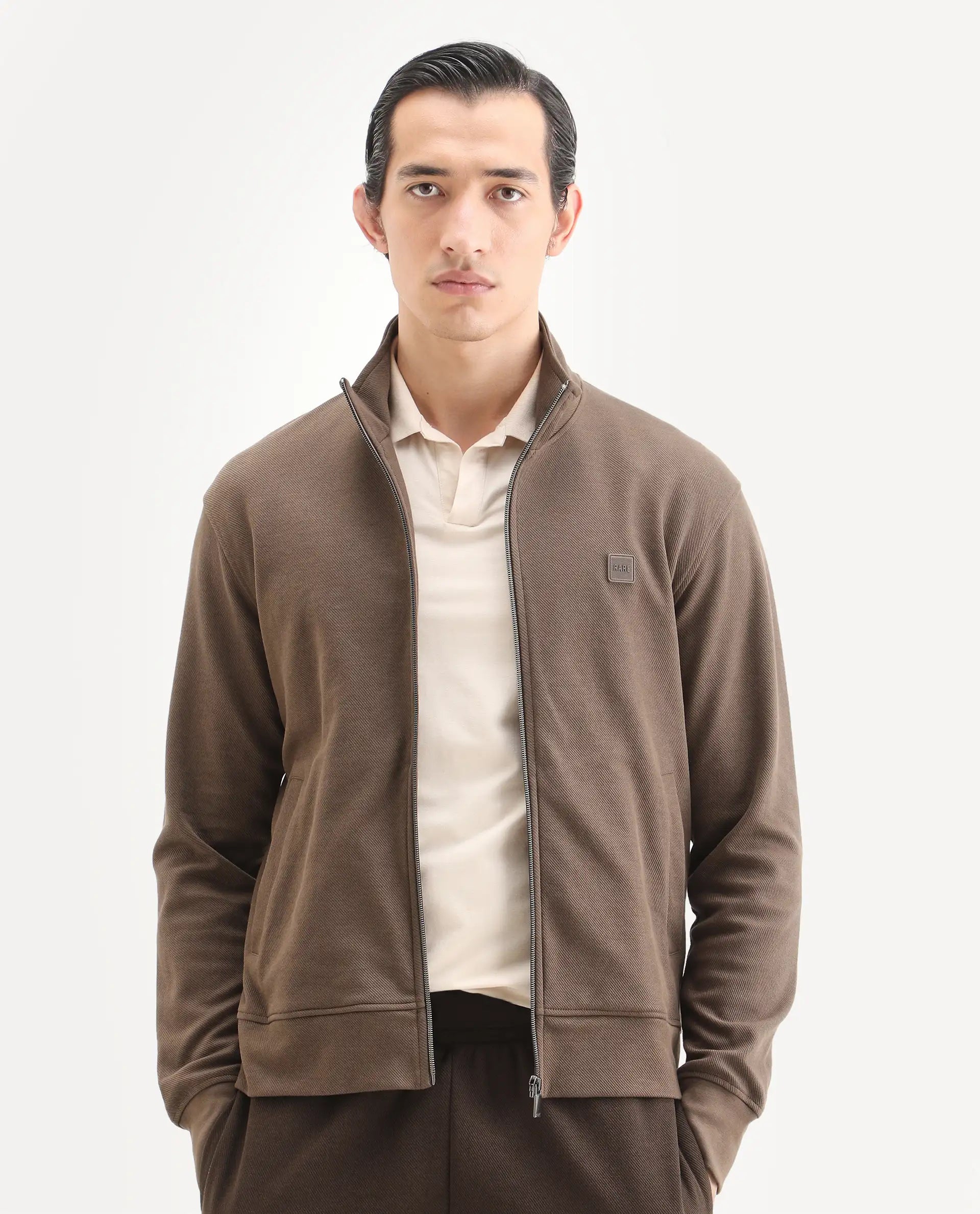 Rare Rabbit Men's Costo-J Dark Beige Polyester Blend Plain Relaxed Fit Full Sleeve High Neck Sweatshirt