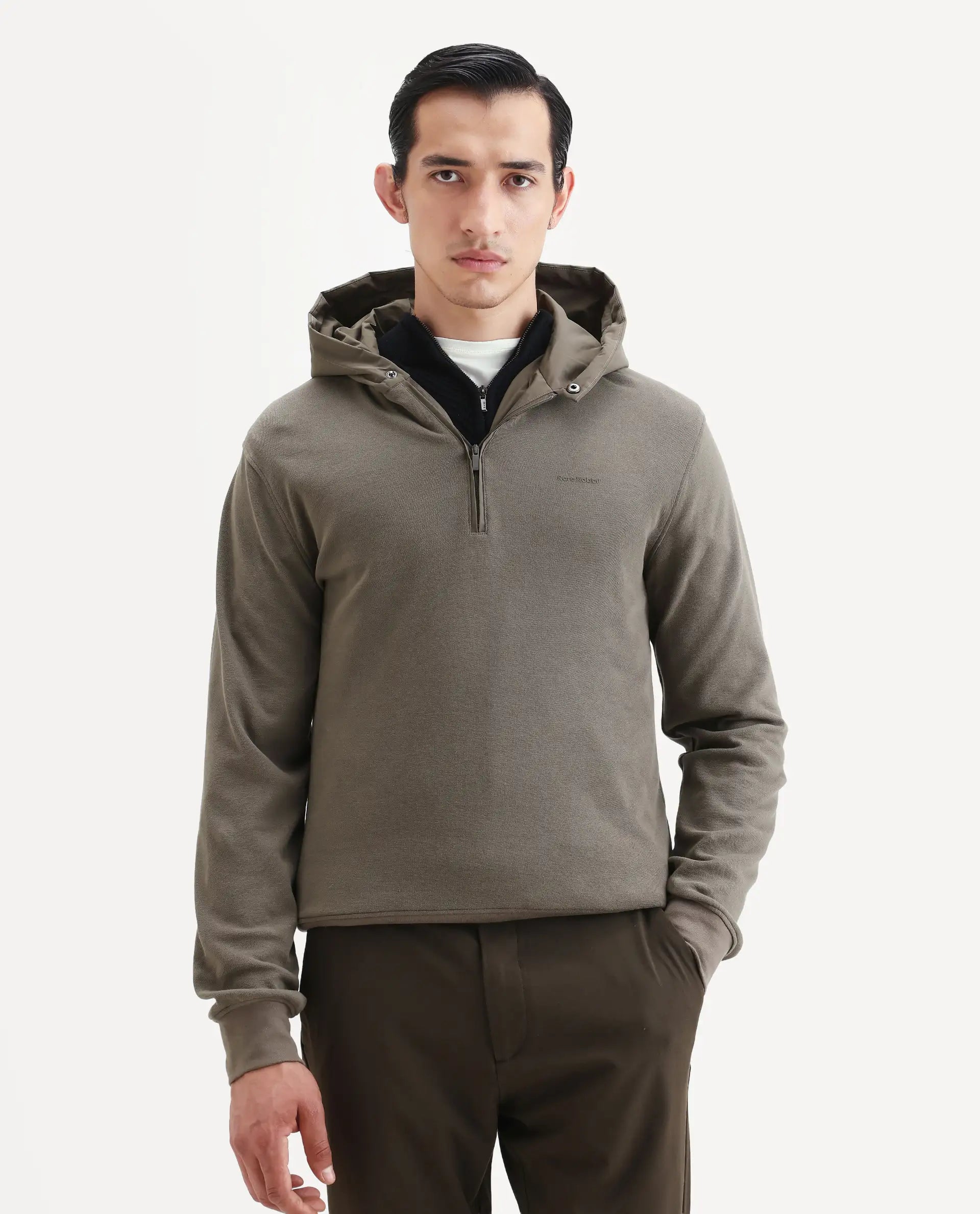 Rare Rabbit Men's Ephin-T Dark Olive Cotton Blend Plain Regular Fit Full Sleeve Hooded Sweatshirt
