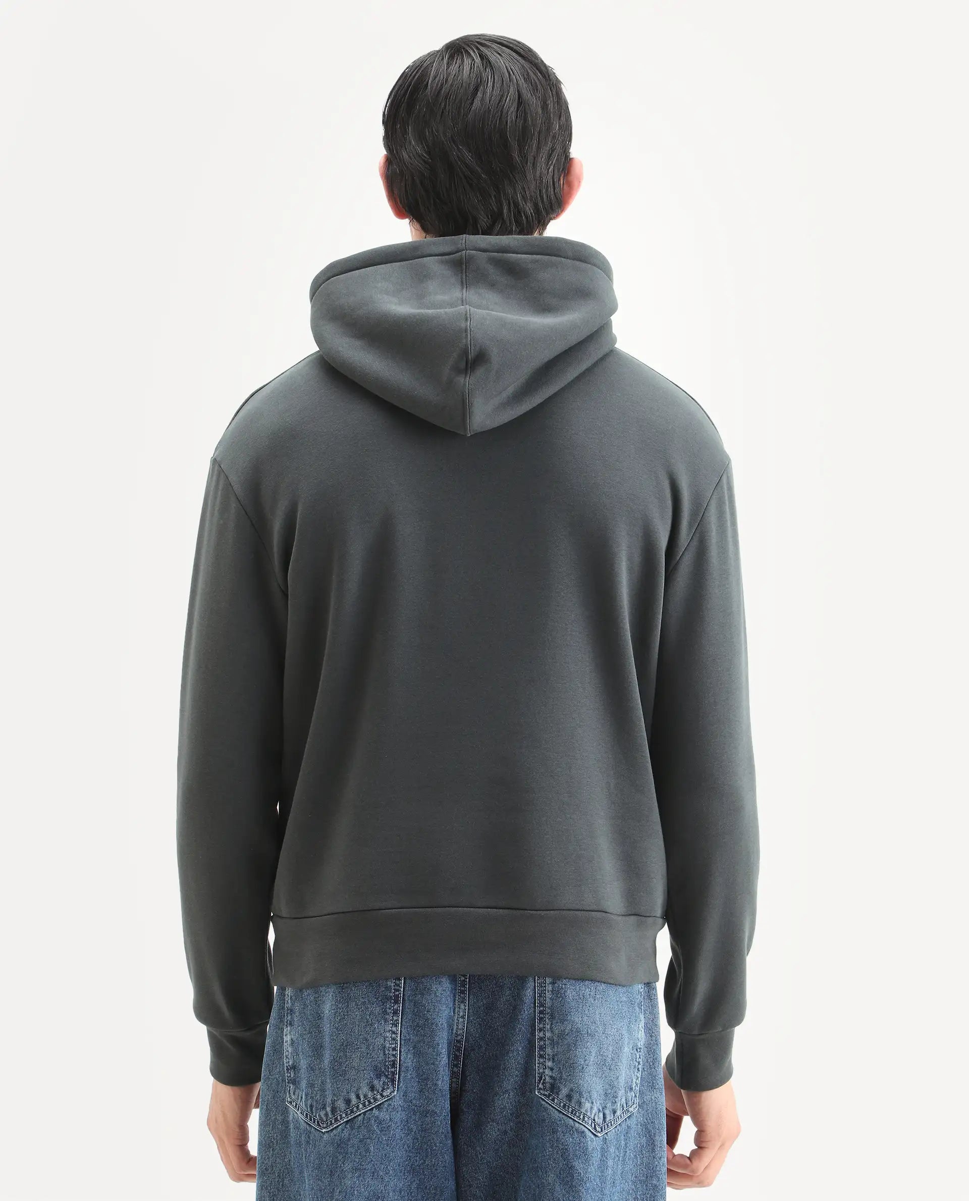 Rare Rabbit Men's Nexa Dark Grey Cotton Blend Graphic Print Relaxed Fit Full Sleeve Hooded Sweatshirt