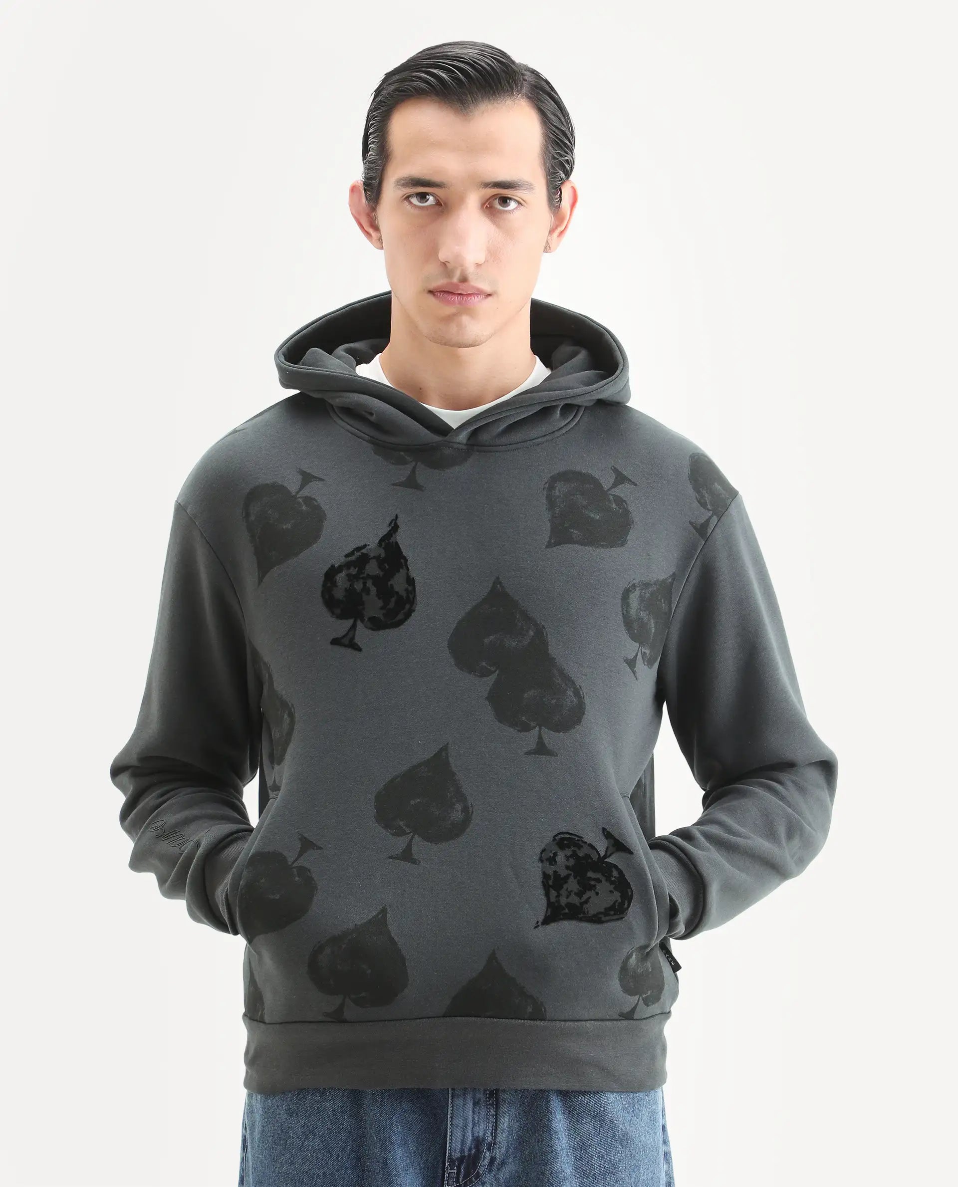 Rare Rabbit Men's Nexa Dark Grey Cotton Blend Graphic Print Relaxed Fit Full Sleeve Hooded Sweatshirt