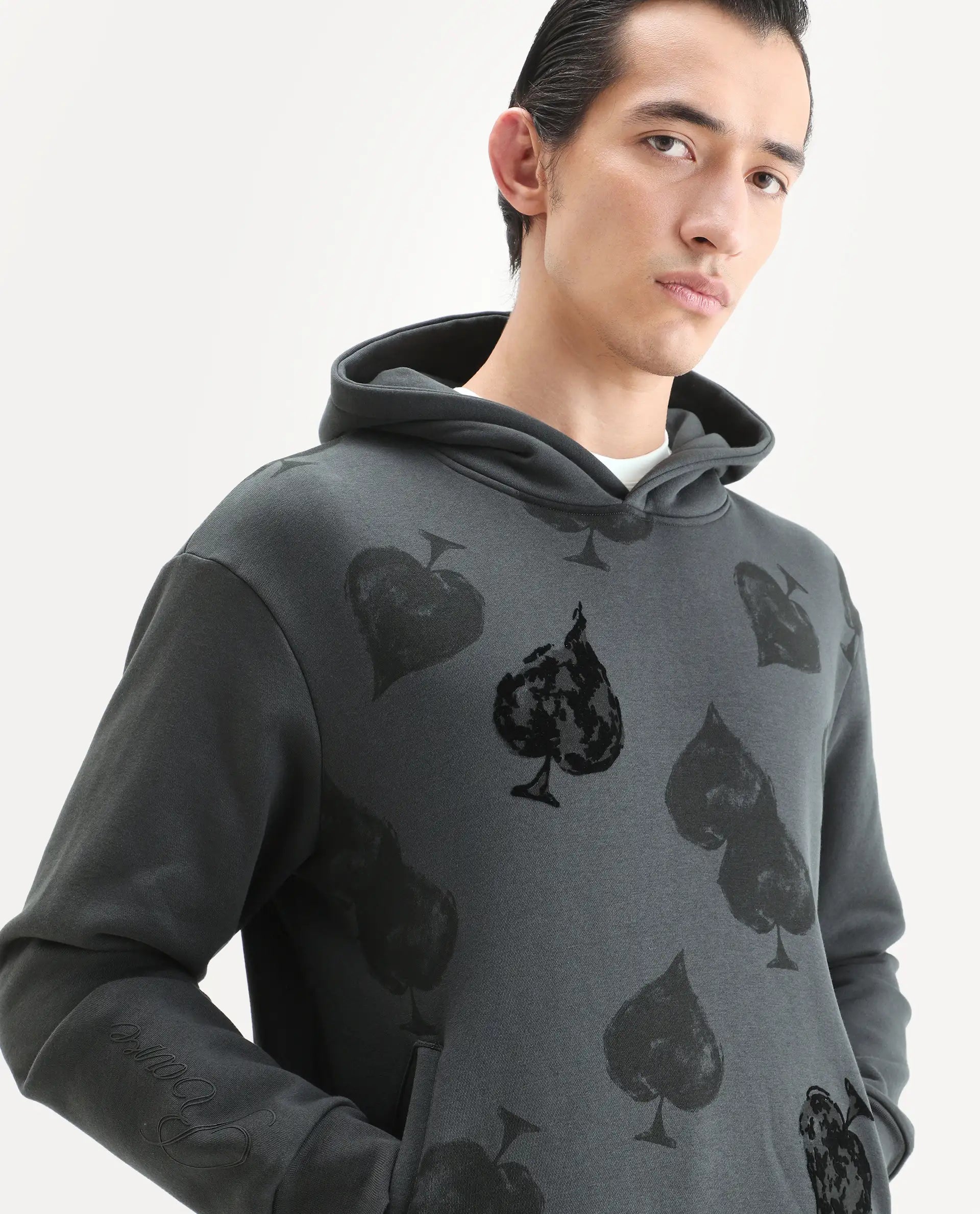 Rare Rabbit Men's Nexa Dark Grey Cotton Blend Graphic Print Relaxed Fit Full Sleeve Hooded Sweatshirt