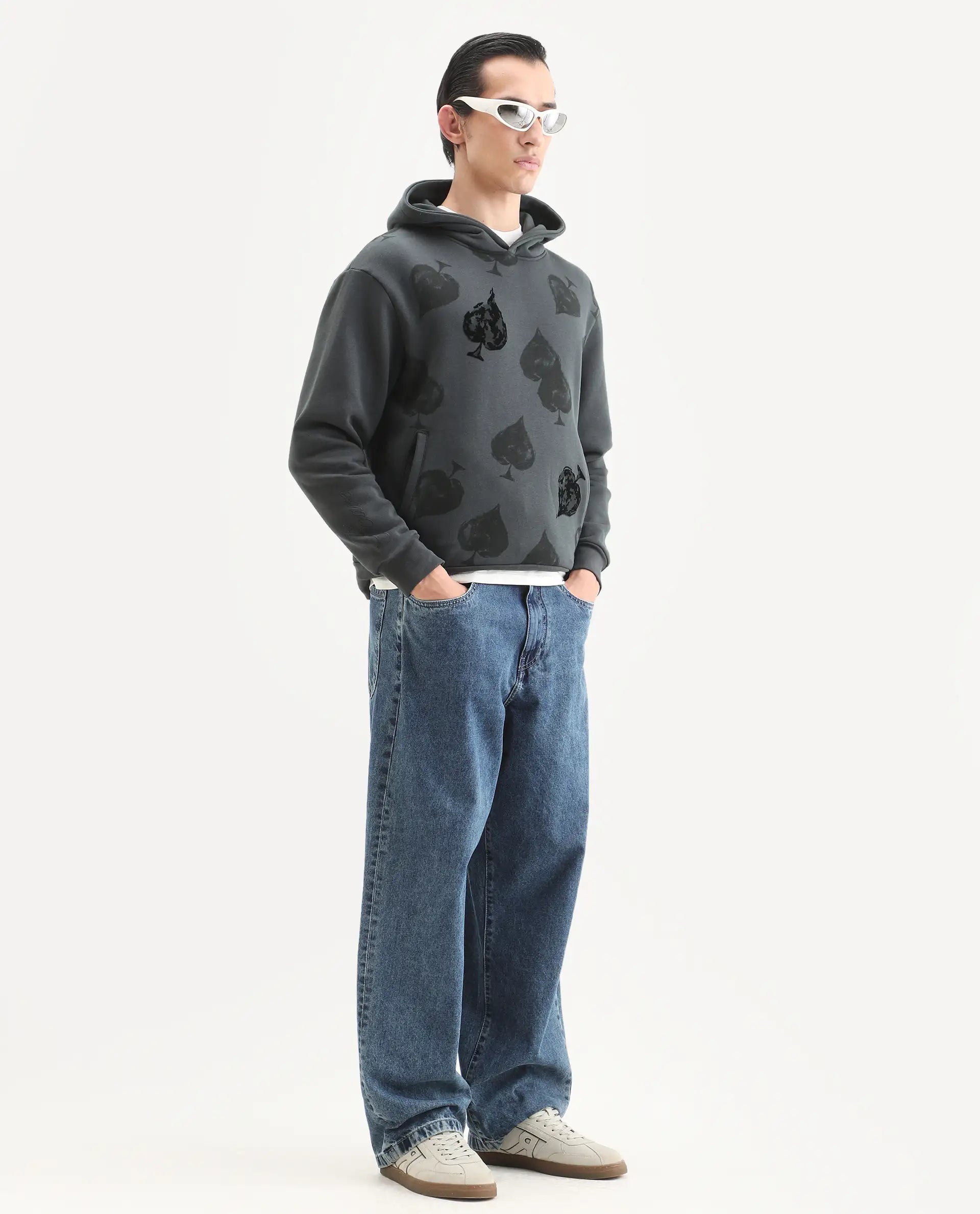 Rare Rabbit Men's Nexa Dark Grey Cotton Blend Graphic Print Relaxed Fit Full Sleeve Hooded Sweatshirt