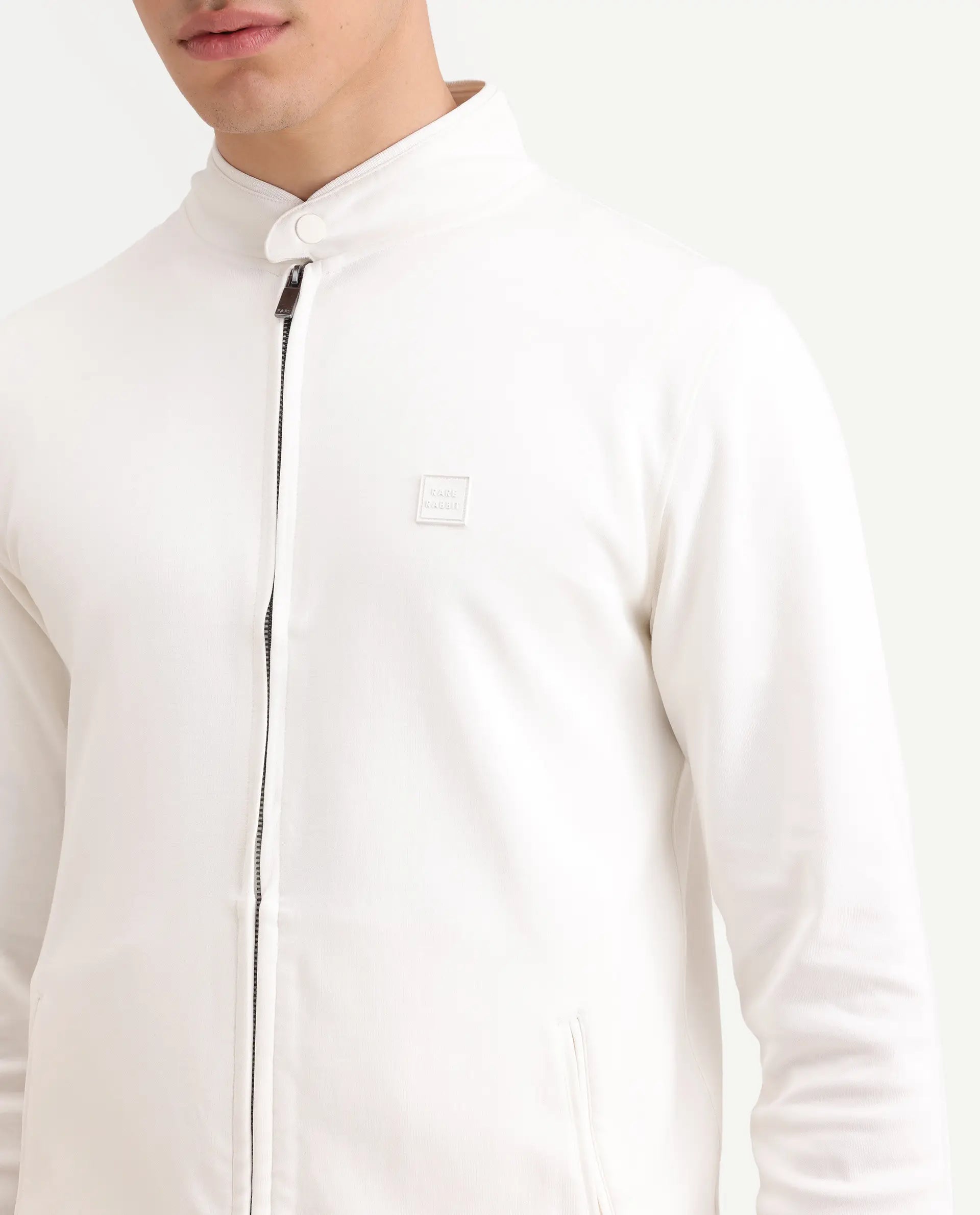 Rare Rabbit Men's Morris-25 Off White Cotton Blend Plain Regular Fit Full Sleeve Mandarin Collar Jacket