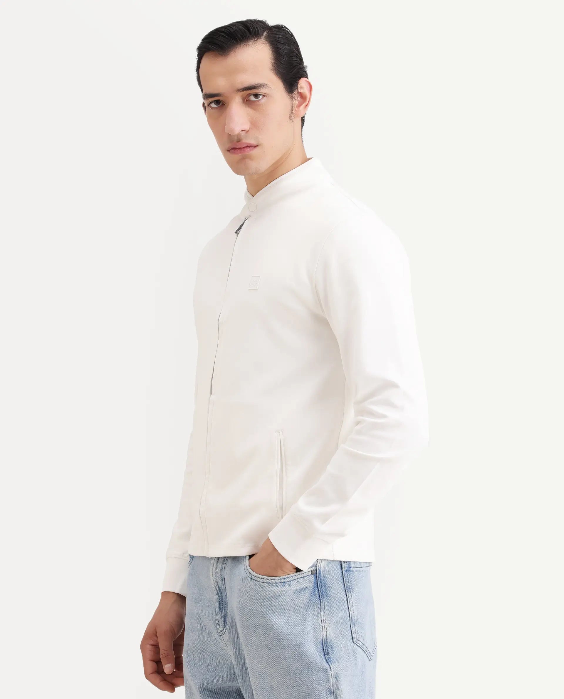 Rare Rabbit Men's Morris-25 Off White Cotton Blend Plain Regular Fit Full Sleeve Mandarin Collar Jacket