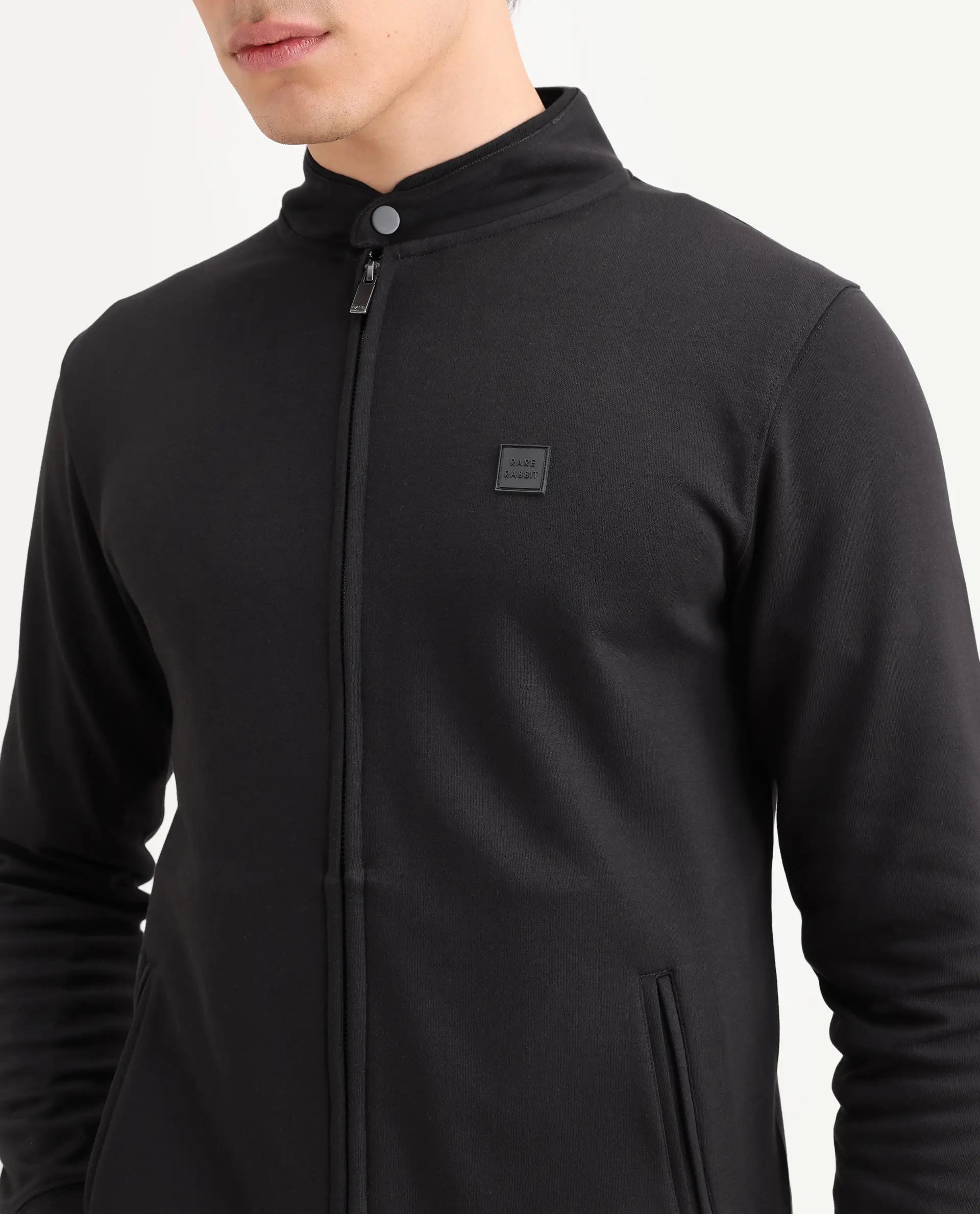 Rare Rabbit Men's Morris-25 Black Cotton Blend Plain Regular Fit Full Sleeve Mandarin Collar Jacket