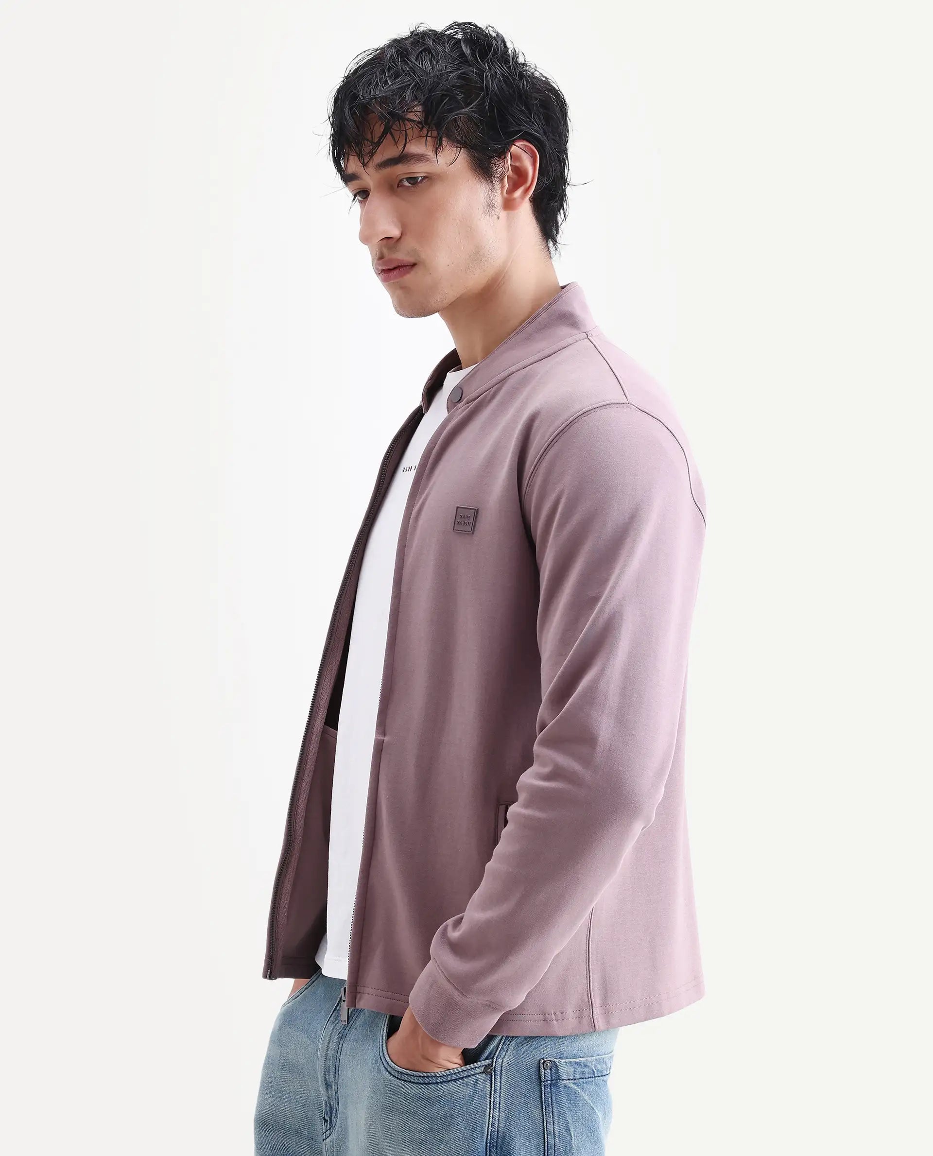 Rare Rabbit Men's Morris-25 Dusky Pink Cotton Blend Plain Regular Fit Full Sleeve Mandarin Collar Jacket